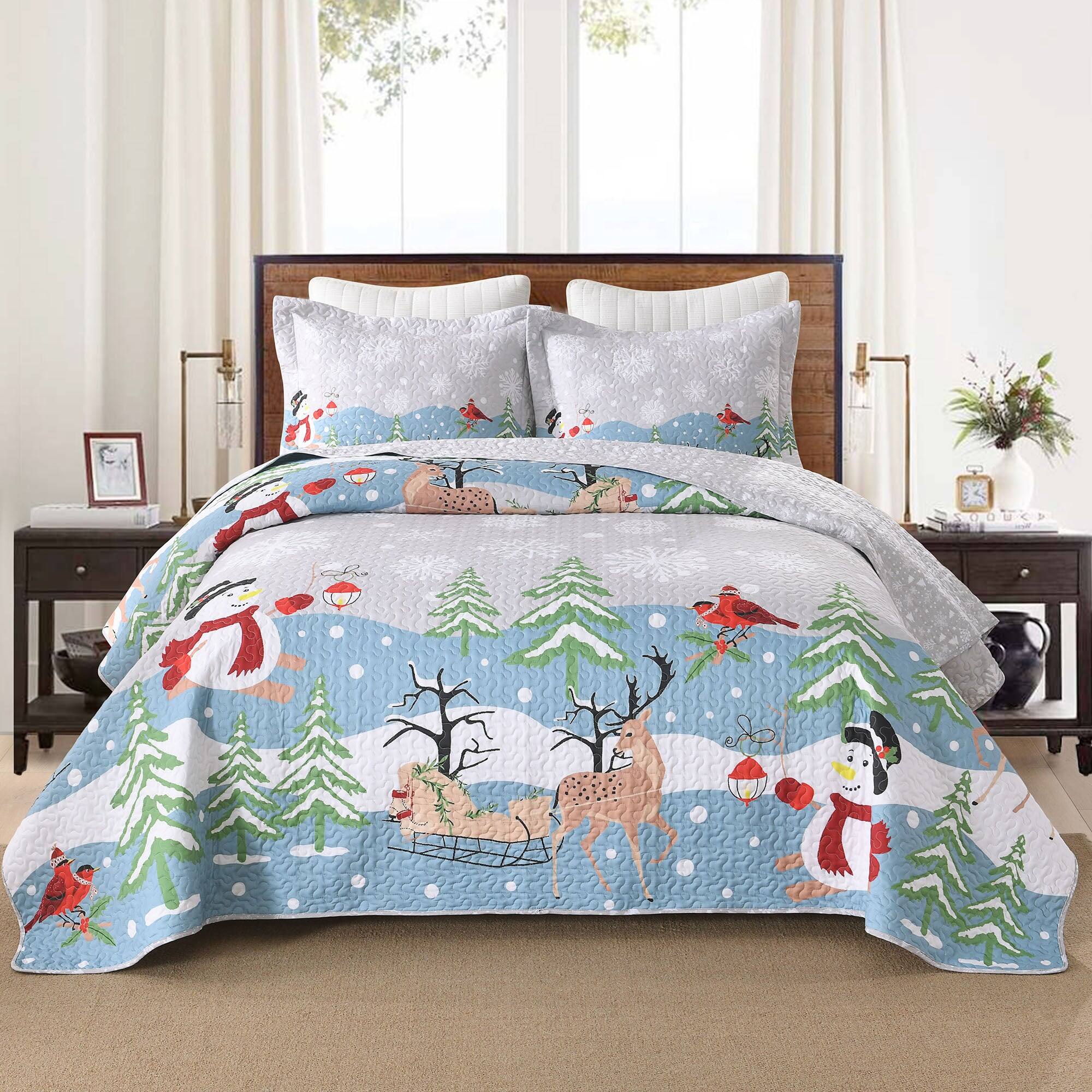 Front. MarCielo - MarCielo 3 Pcs Wonderland Polyester Reversible Bedspread Set Christmas Quilt Set - Multicolored.