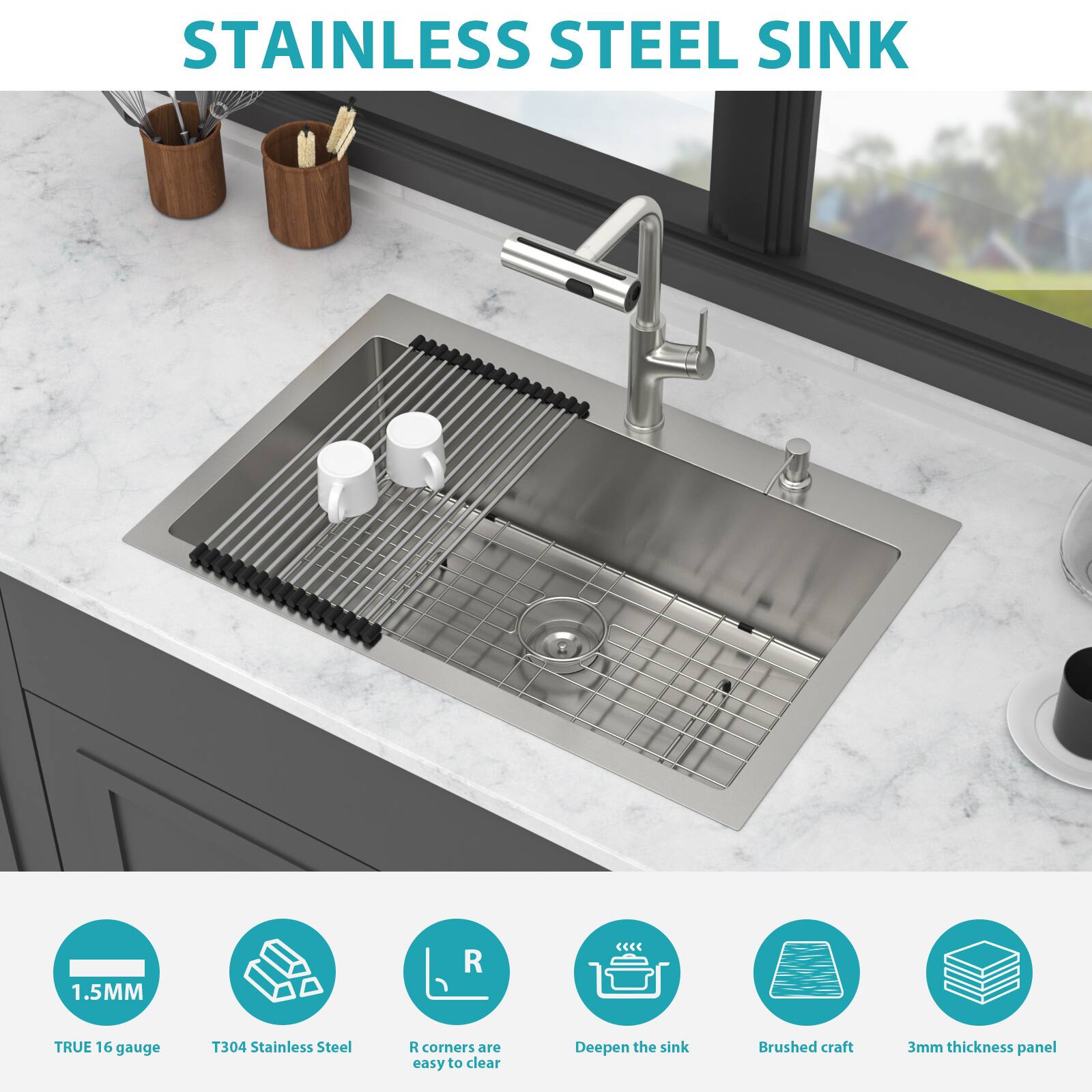 STAINLESS STEEL SINK

1.5MM  
TRUE 16 gauge  
T304 Stainless Steel  
R corners are easy to clear  
Deepen the sink  
Brushed craft  
3mm thickness panel