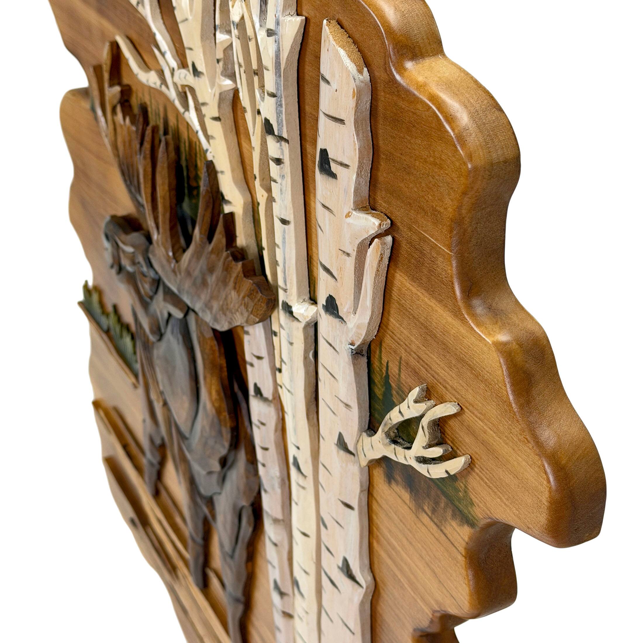 Alt View 2. Zeckos - Moose in Birch Forest 23.5 inch Rustic Intarsia Wood Wall Art Sculpture - Brown.