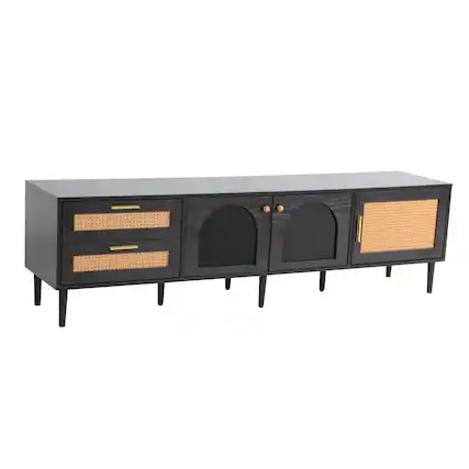 Front. Ecooso - Rattan TV Stand with 3 Cabinets & 2 Drawers, TVs up to 80'', LED Light, Entertainment Center, TV cabinet for Living room - Black.