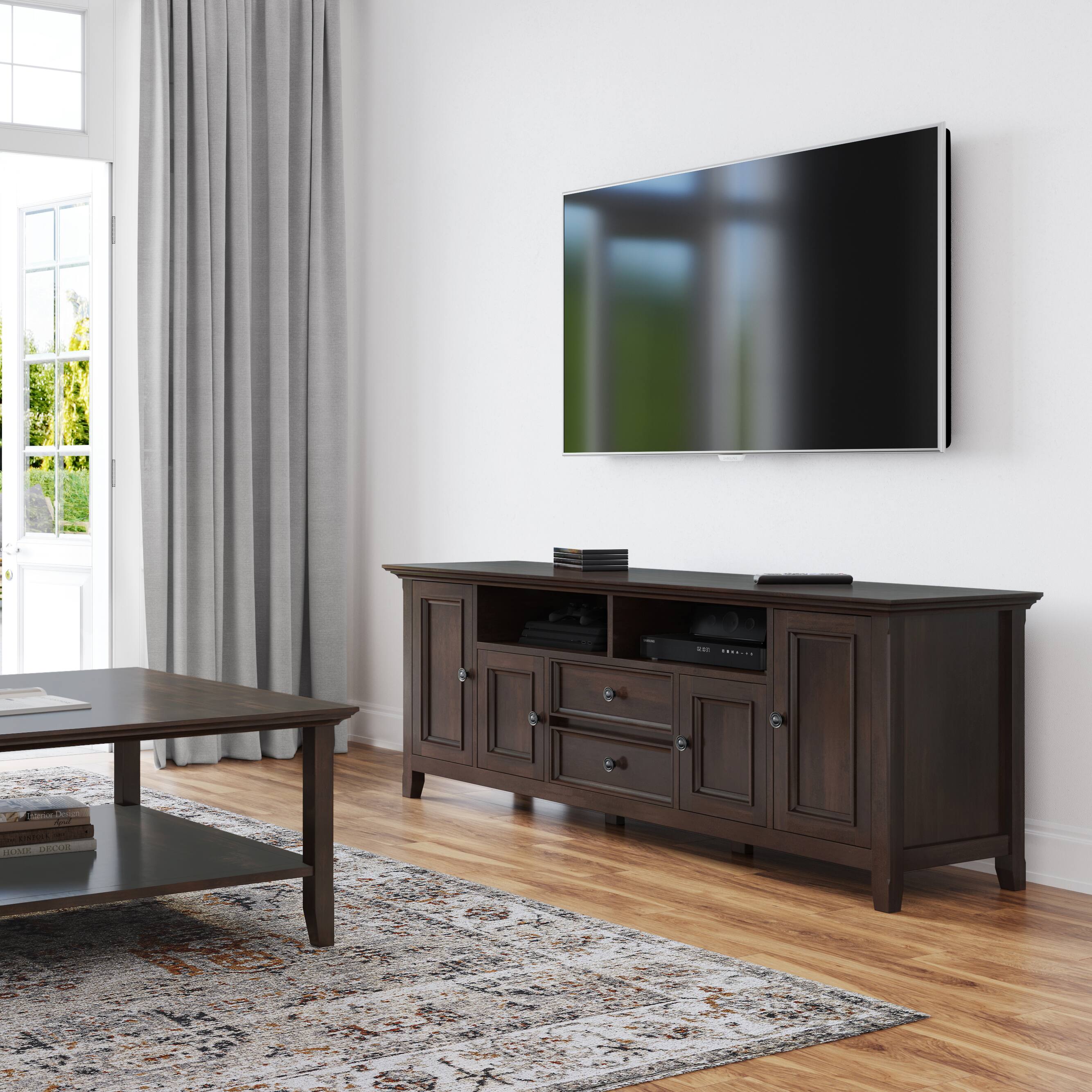 Left. Simpli Home - Amherst Solid Wood 72 inch Wide TV Media Stand For TVs up to 80 inches - Brunette Brown.