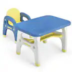 Front. Gymax - Gymax Kids Dinosaur Table and Chair Set Activity Study Desk w/ Building Blocks - Blue,Yellow.