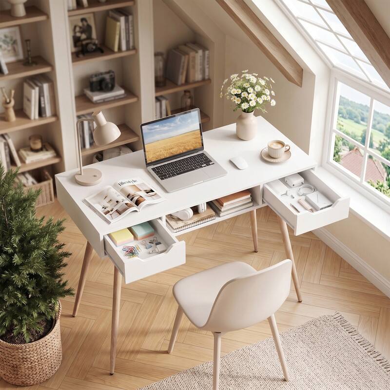 Angle. WELLFOR - 42.5 " Small Computer Desk with Drawers, Modern PC Laptop Table Computer Study Writing Workstation for Small Spaces - White.