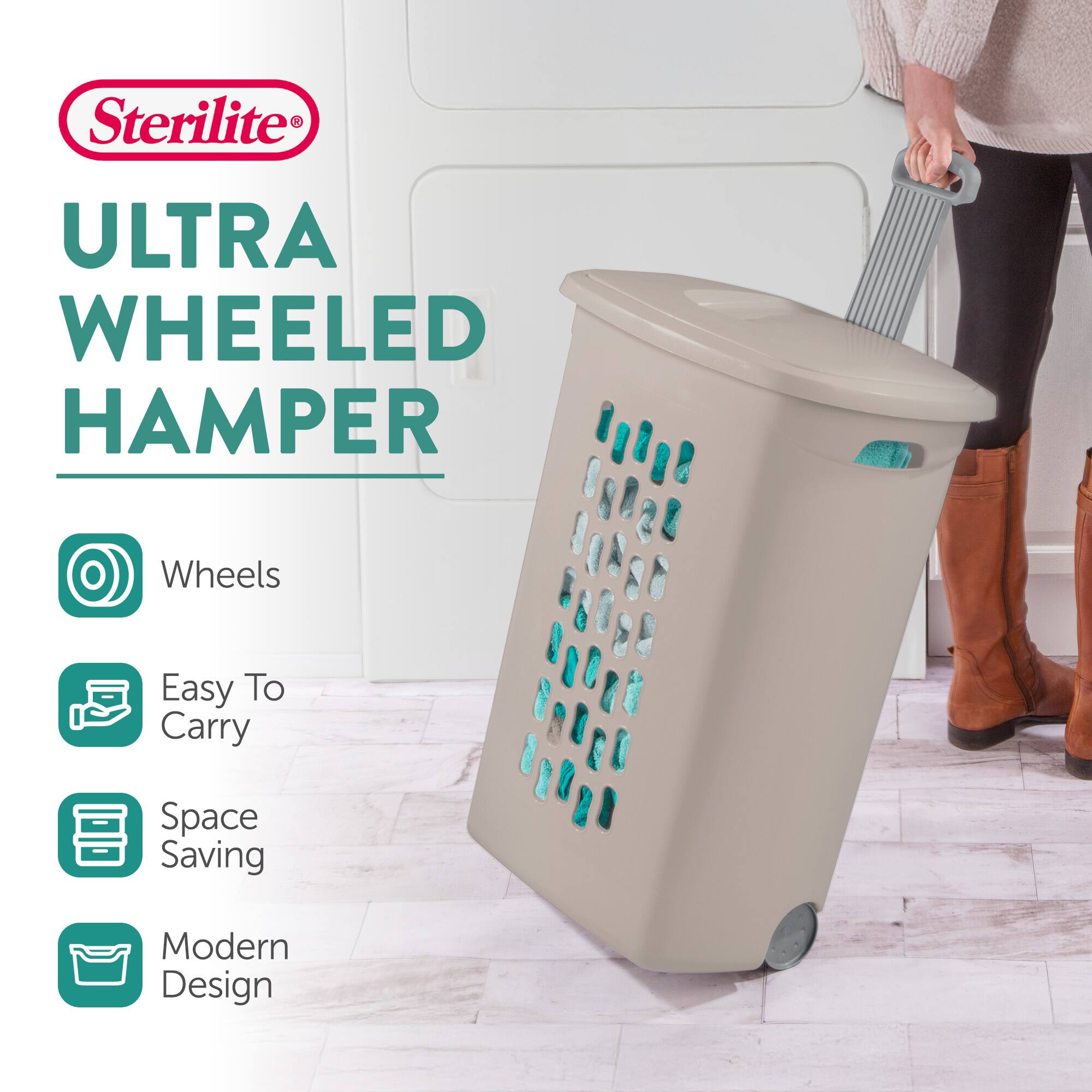 Sterilite ULTRA WHEELED HAMPER  
- Wheels  
- Easy To Carry  
- Space Saving  
- Modern Design