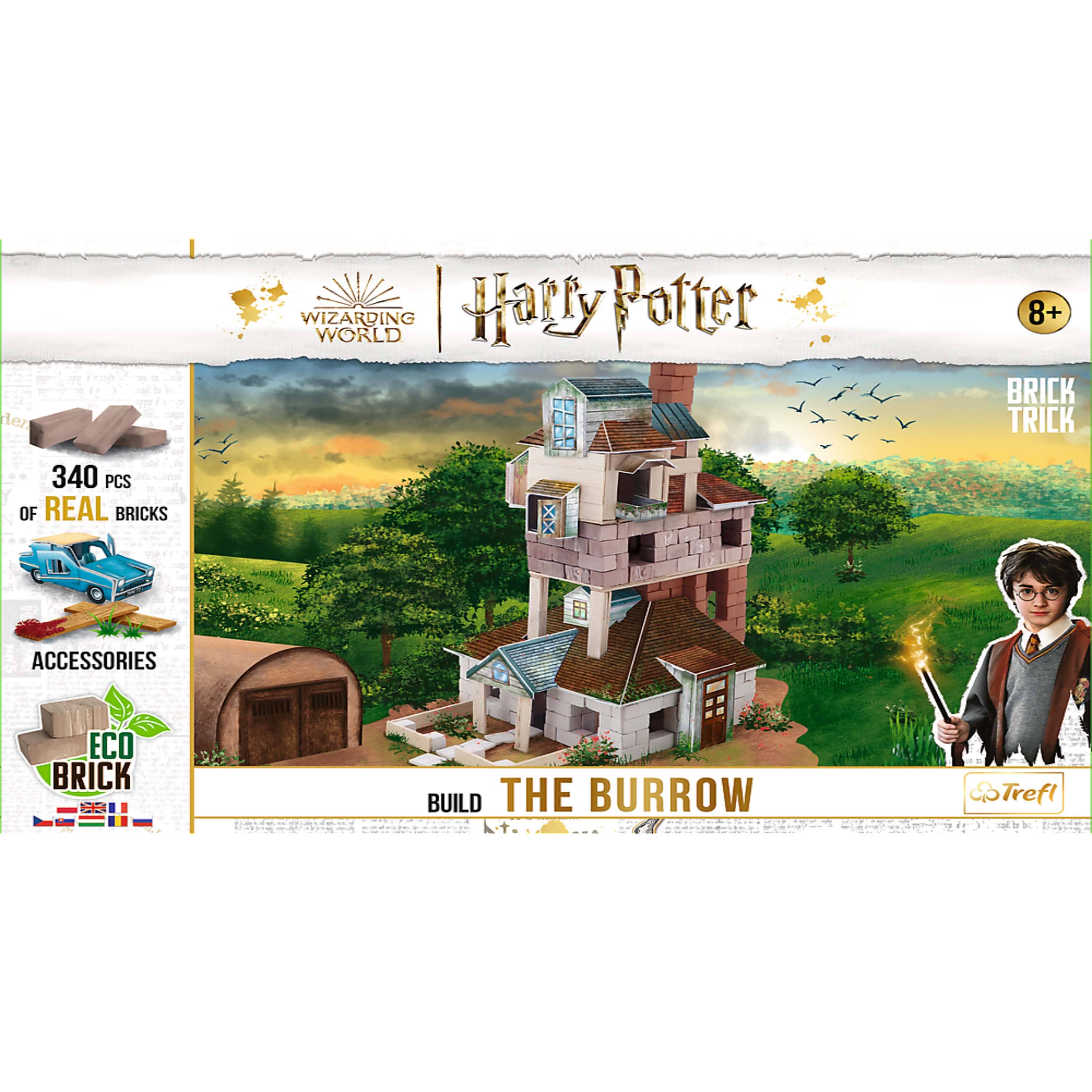 Sure, here is the corrected and grouped text from the image:

---

**Harry Potter**  
**WIZARDING WORLD**

**BRICK TRICK**

**340 PCS OF REAL BRICKS**

**ACCESSORIES**

**ECO BRICK**

**BUILD THE BURROW**

**8+**

**Trefl**

---