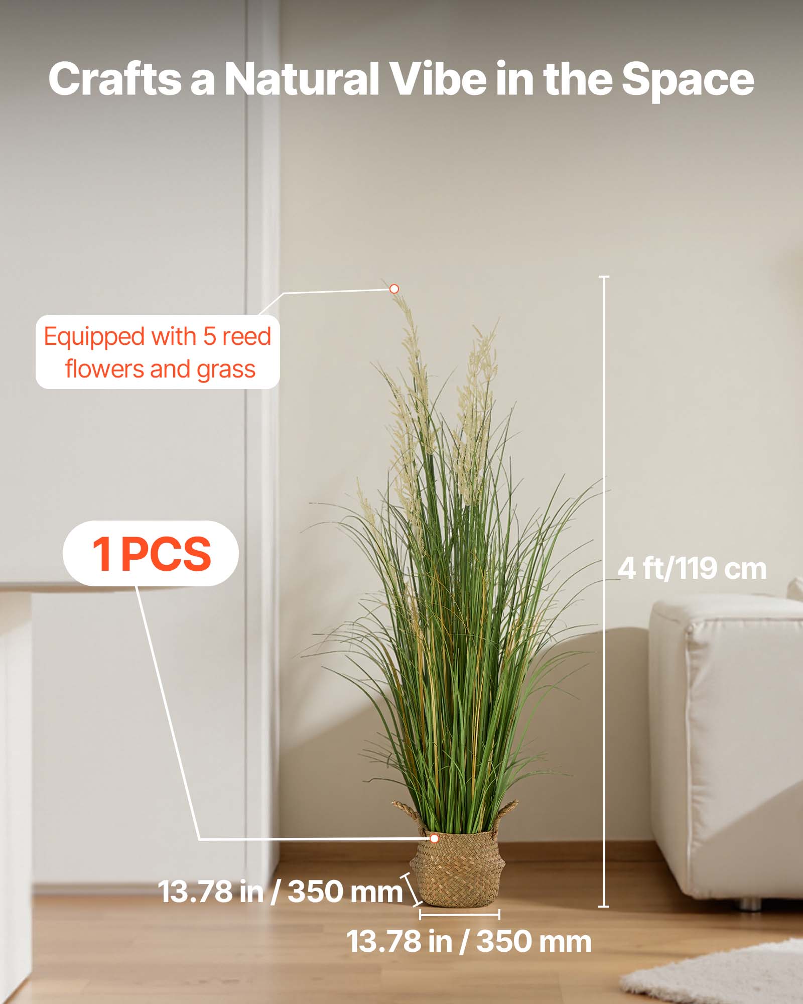 Crafts a Natural Vibe in the Space

Equipped with 5 reed flowers and grass

1 PCS

4 ft/119 cm

13.78 in / 350 mm

13.78 in / 350 mm