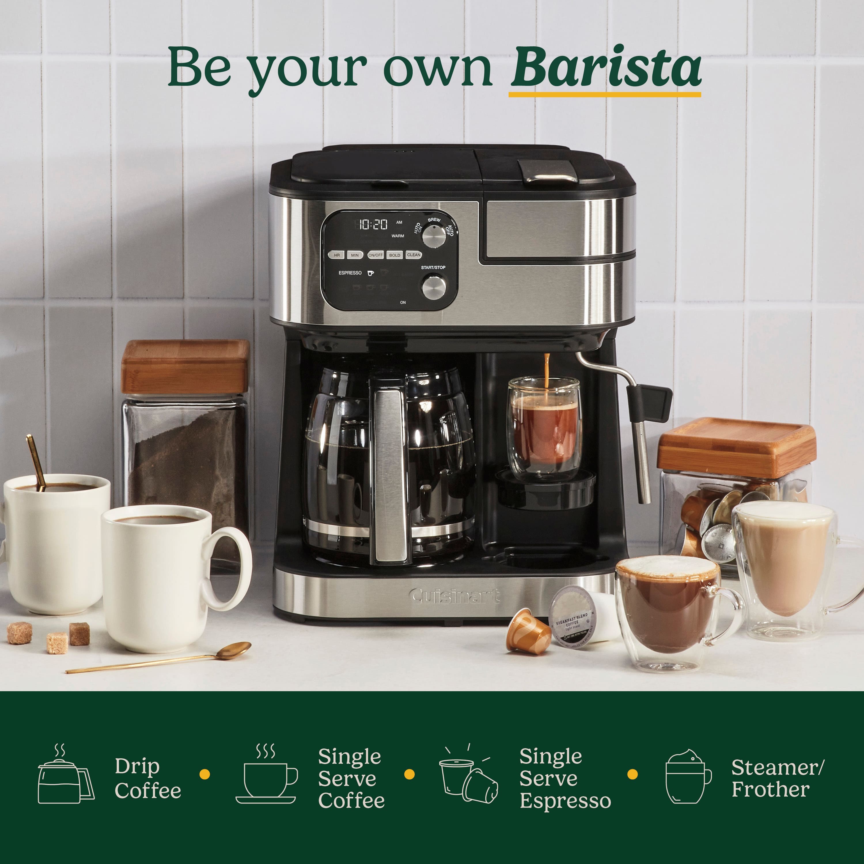 Be your own Barista with a coffee maker that offers a variety of options such as Drip Coffee, Single Serve Coffee, Single Serve Espresso, Steamer/Frother, and Cappuccino.