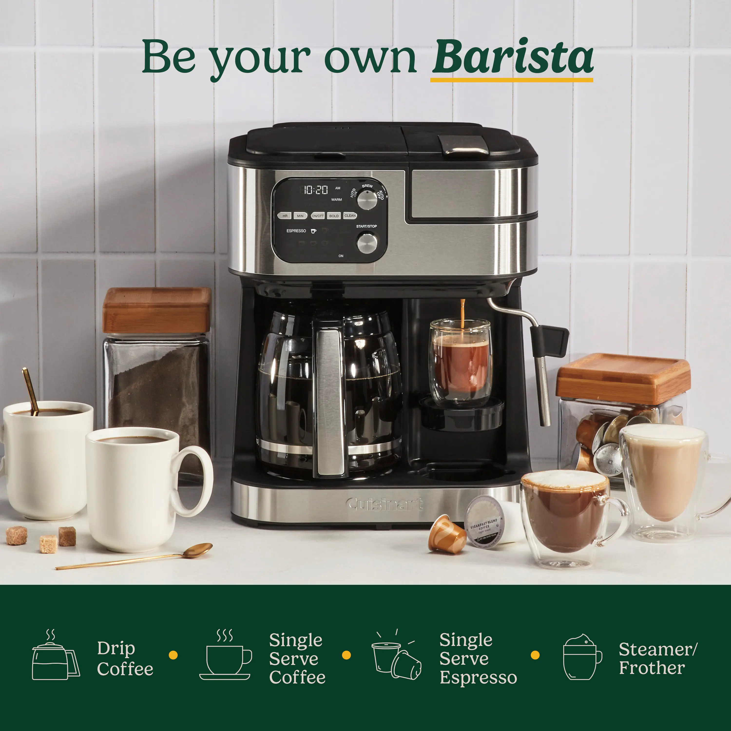 Be your own Barista with a coffee maker that offers a variety of options such as Drip Coffee, Single Serve Coffee, Single Serve Espresso, Steamer/Frother, and Cappuccino.