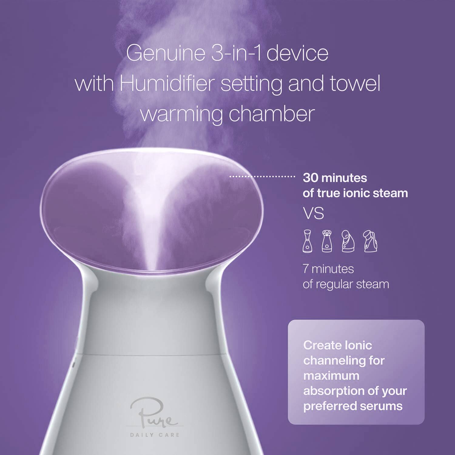 Genuine 3-in-1 device with Humidifier setting and towel warming chamber

30 minutes of true ionic steam VS 7 minutes of regular steam

Create ionic channeling for maximum absorption of your preferred serums

Pure DAILY CARE