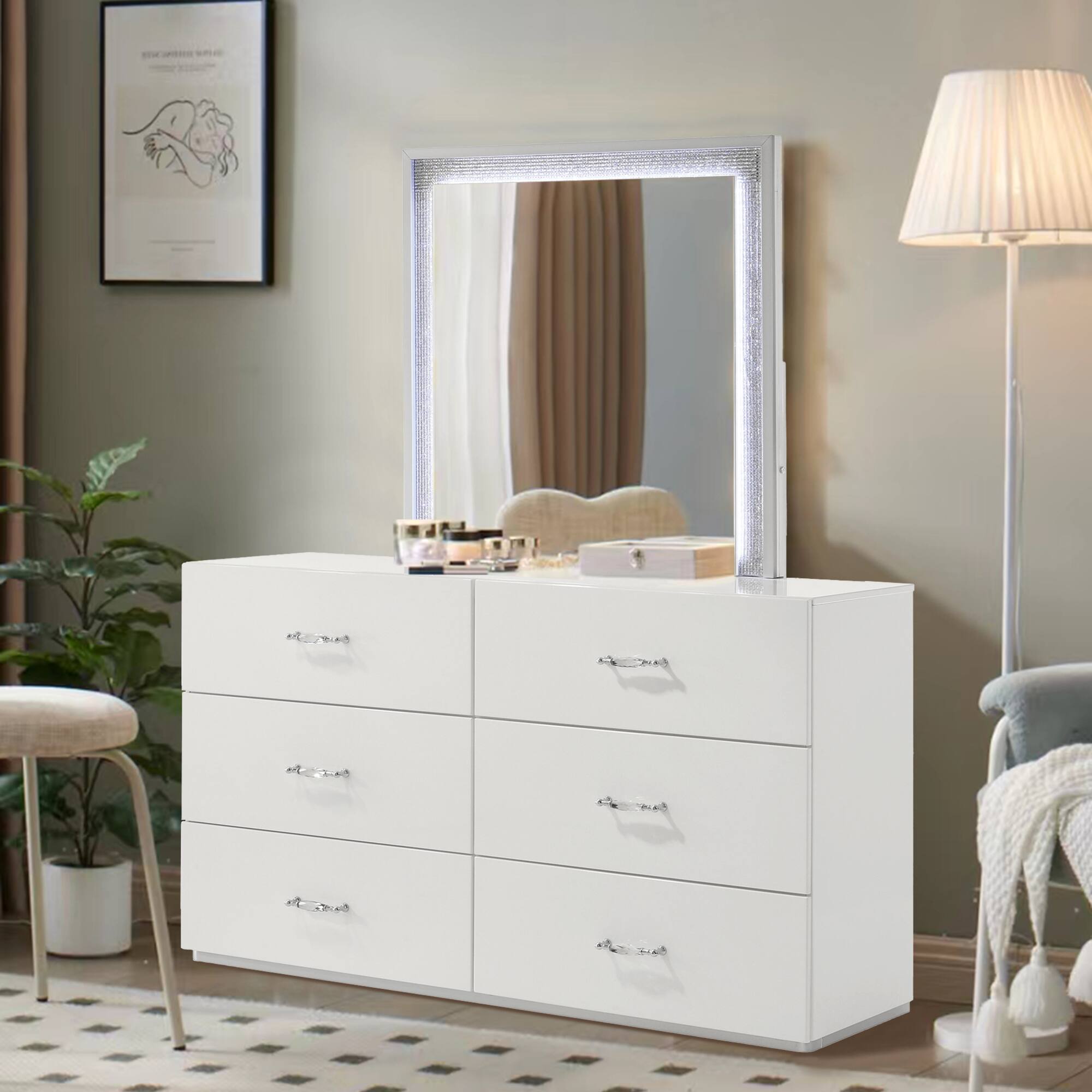 Left. Vaczon - 6-Drawer Dresser, Wooden Chest of Drawers with Metal Drawer Glides, Storage Cabinet for Living Room, Hallway, Apartment - White.