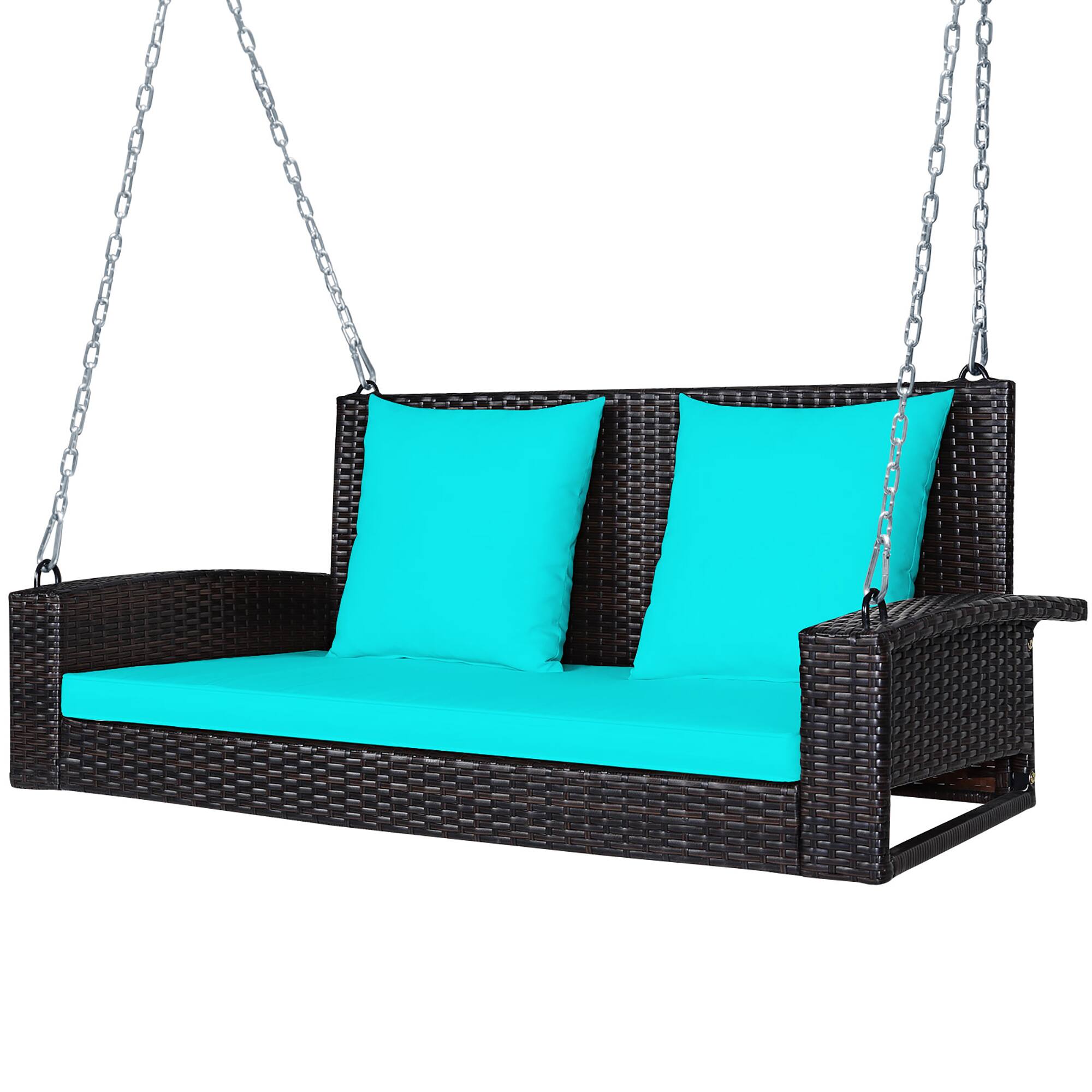 Alt View 9. Costway - Costway 2-Person Patio Rattan Hanging Porch Swing Bench Chair Cushion - Turquoise.