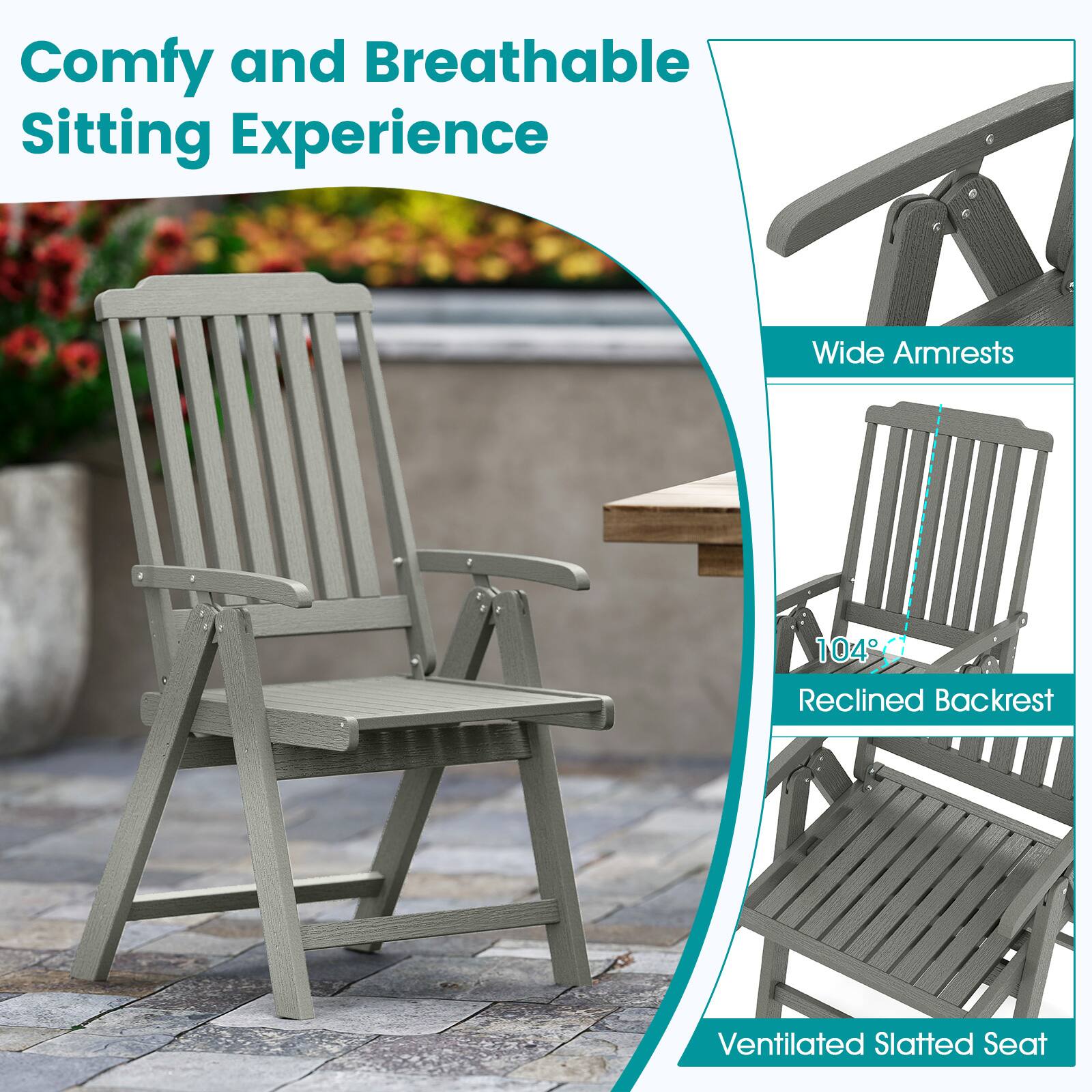Comfy and Breathable Sitting Experience

Wide Armrests

104° Reclined Backrest

Ventilated Slatted Seat