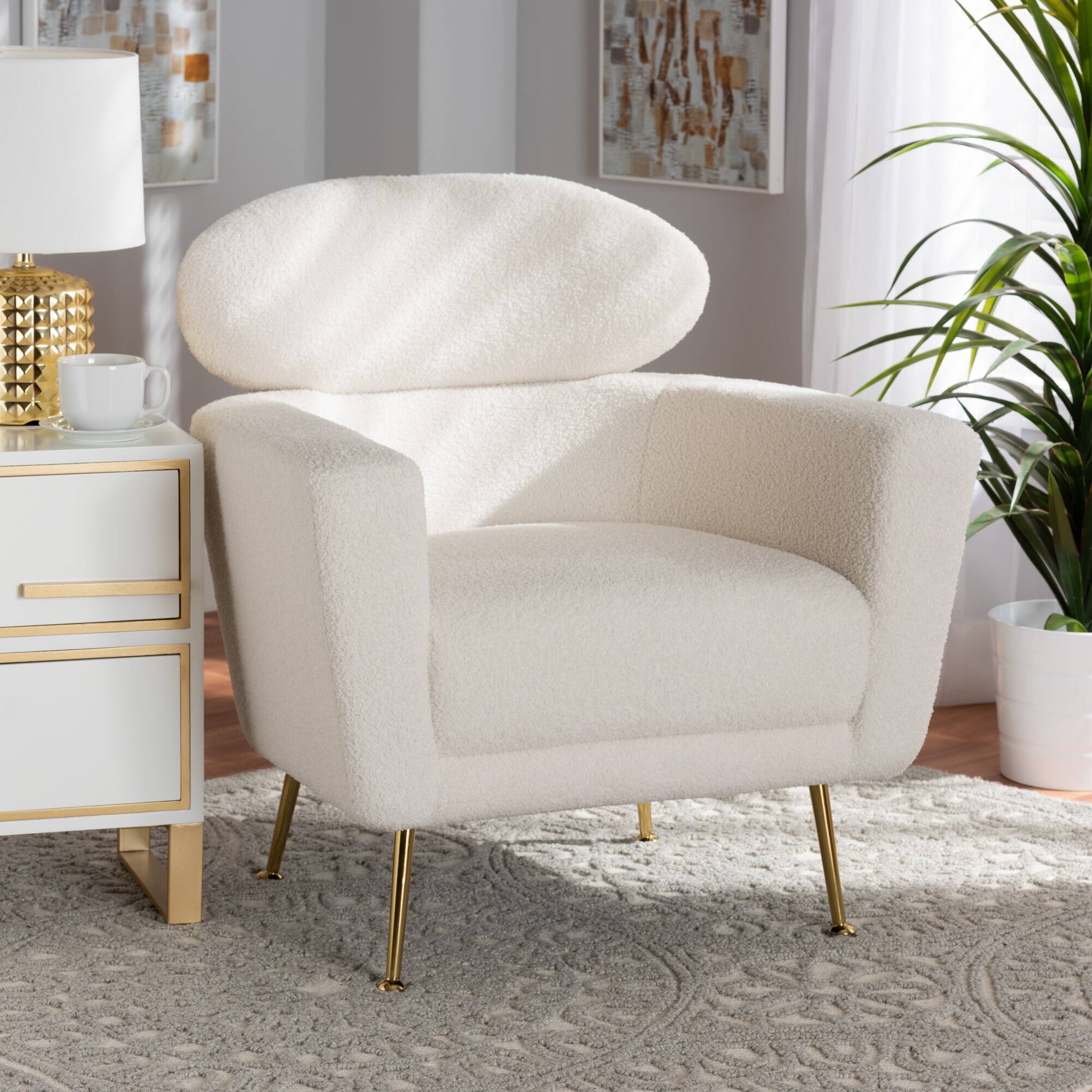 Alt View 4. Baxton Studio - Fantasia Modern and Contemporary Ivory Boucle Upholstered and Gold Metal Armchair - Ivory.