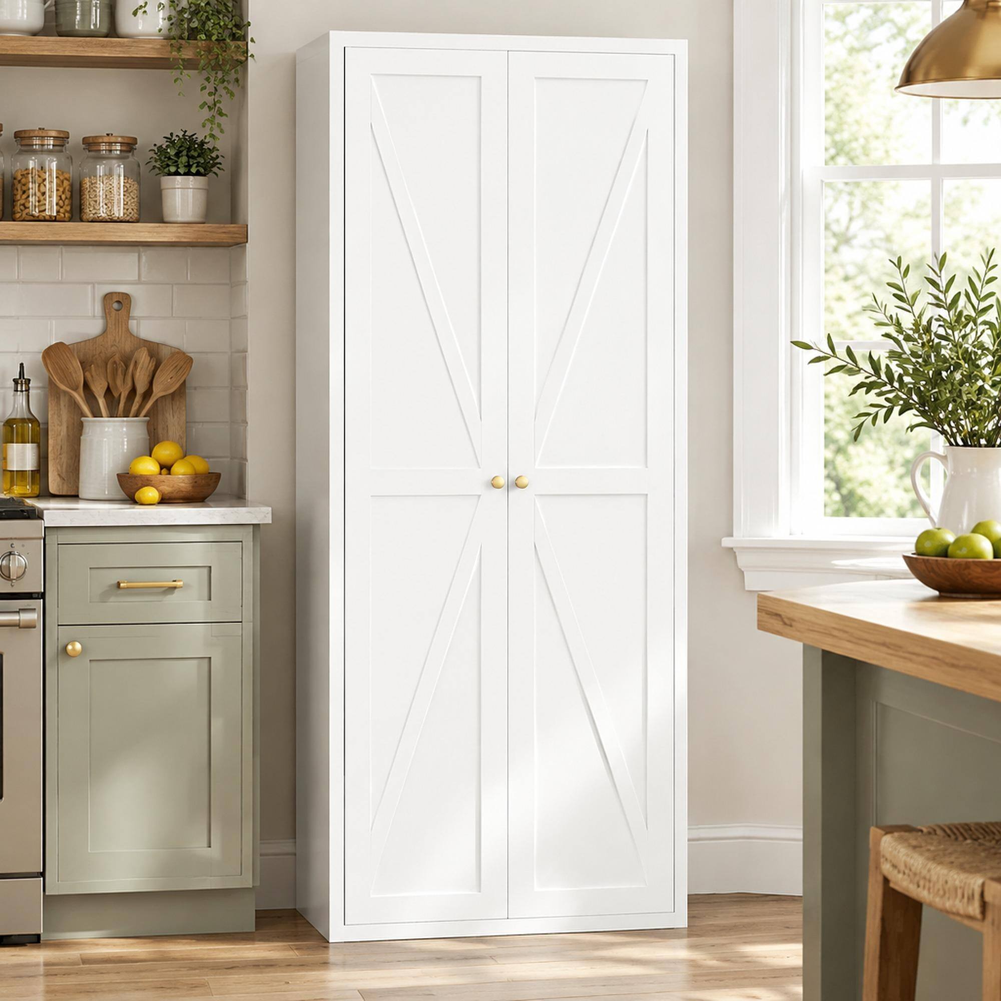 Front. RYHNUYNE - Freestanding Metal Storage Cabinet with 2 Doors and Adjustable Shelves, Steel Kitchen Pantry Cabinet - White.