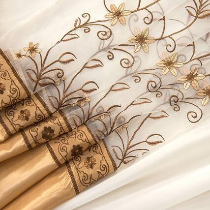 Front. RT Designers Collection - Priscilla Embroidered Floral Curtain Panel with Double Valance by RT Designers Collection - Gold.