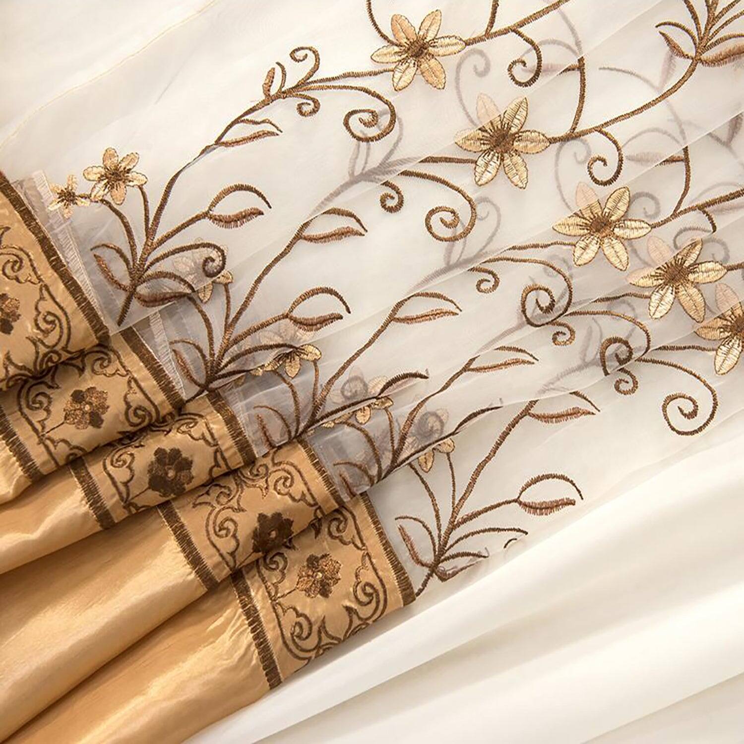 Front. RT Designers Collection - Priscilla Embroidered Floral Curtain Panel with Double Valance by RT Designers Collection - Gold.