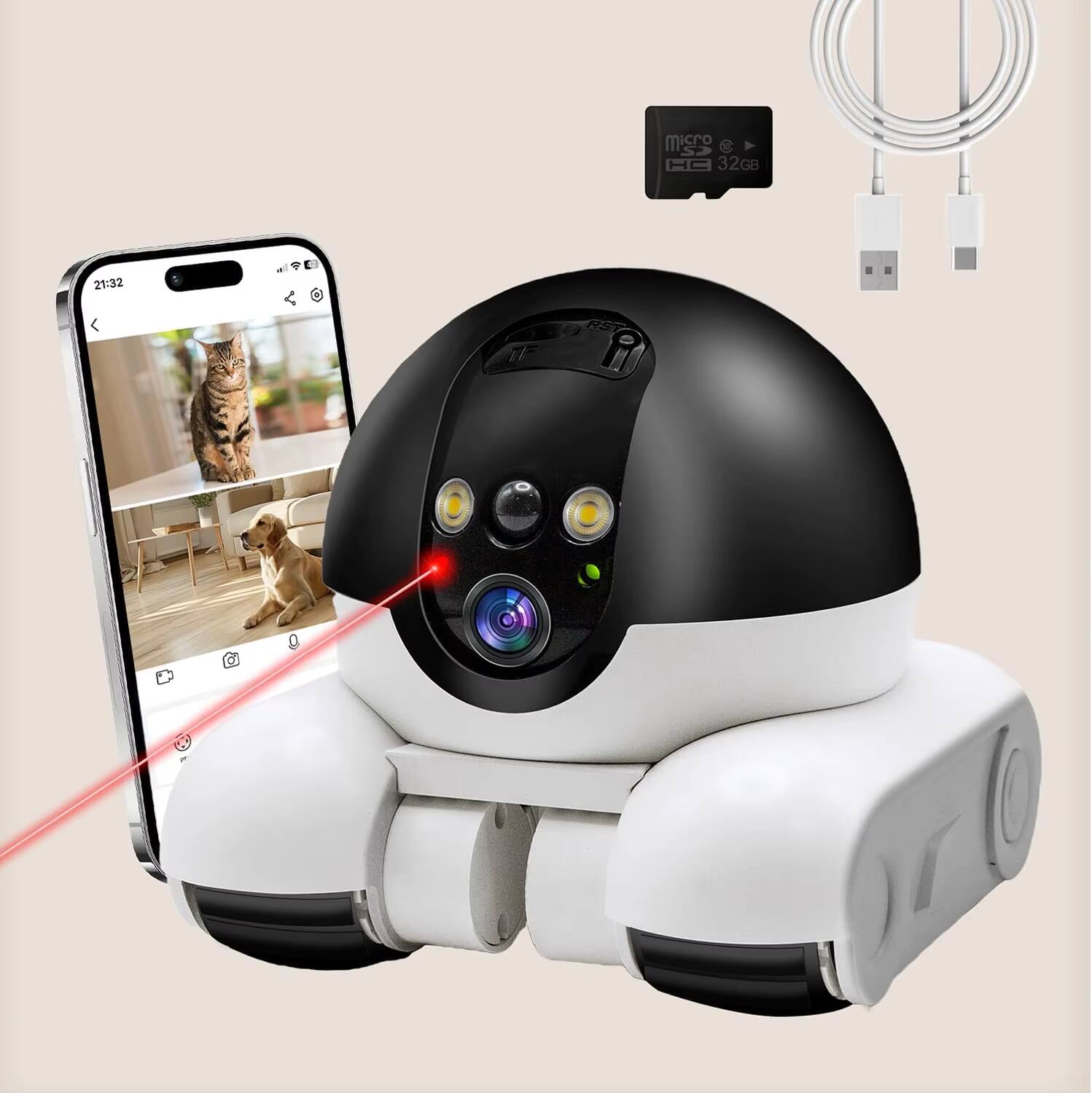 PRIMEPLUS - Indoor Security Camera 1080P Dual Lens Mobile Robot, 2-Way Audio & Night Vision, App Control for Pets/Baby/Elderly - White