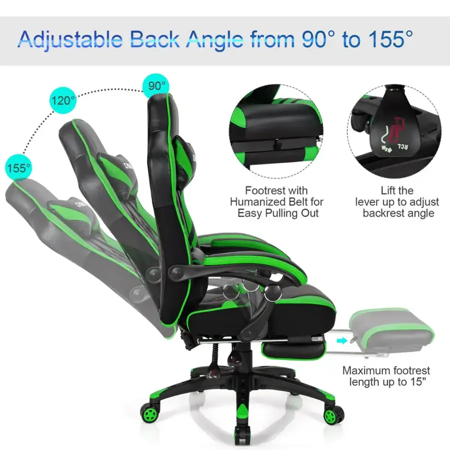 Adjustable Back Angle from 90 to 155 degrees. 155 degrees. 120 degrees. ON 90 degrees. ** RCL Footrest with Humanized Belt for Easy Pulling Out. Lift the lever up to adjust backrest angle. Maximum footrest length up to 15".