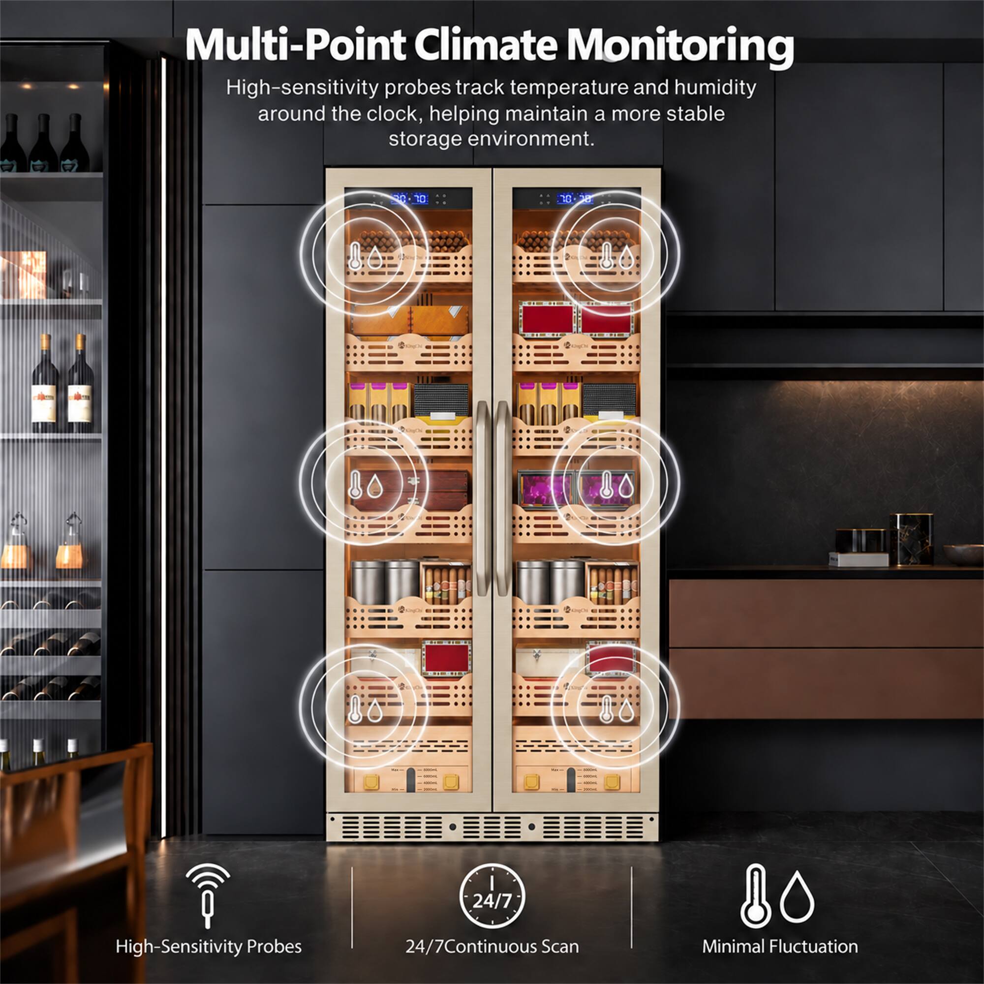 Multi-Point Climate Monitoring

High-sensitivity probes track temperature and humidity around the clock, helping maintain a more stable storage environment.

- High-Sensitivity Probes
- 24/7 Continuous Scan
- Minimal Fluctuation