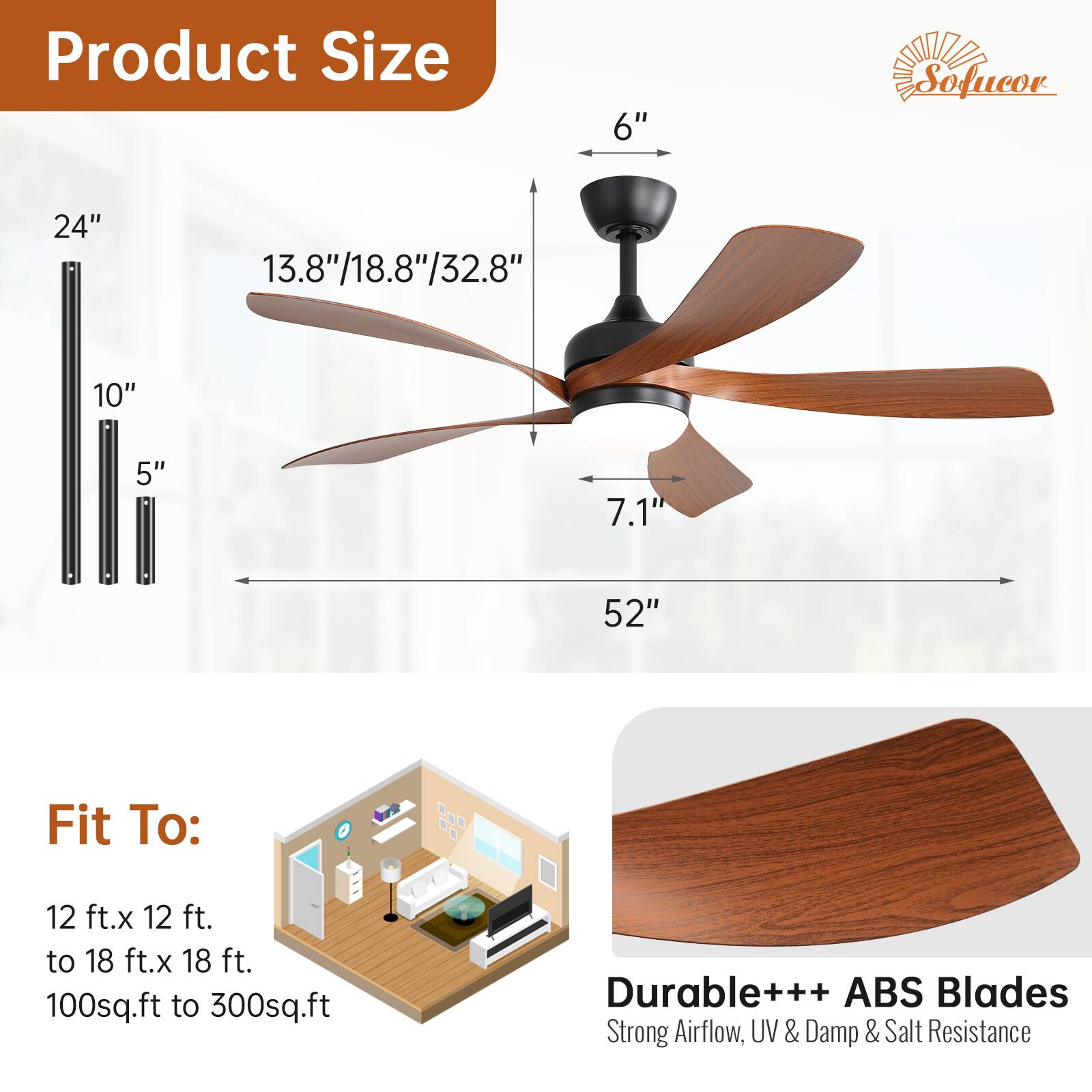 Product Size  
6"  
24"  
13.8"/18.8"/32.8"  
10"  
5"  
7.1"  
52"  

Fit To:  
12 ft. x 12 ft. to 18 ft. x 18 ft.  
100 sq.ft to 300 sq.ft  

Durable+++ ABS Blades  
Strong Airflow, UV & Damp & Salt Resistance