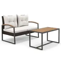 Costway 2 PCS Patio PE Wicker Furniture Set Loveseat with Acacia Wood Coffee Table Outdoor - Off White,Mix Brown - Front_Zoom