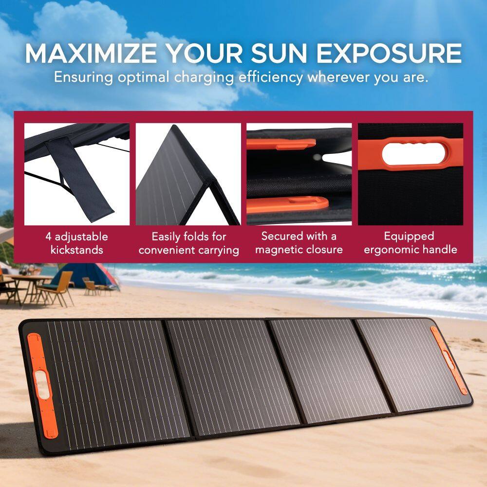 MAXIMIZE YOUR SUN EXPOSURE  
Ensuring optimal charging efficiency wherever you are.

- 4 adjustable kickstands
- Easily folds for convenient carrying
- Secured with a magnetic closure
- Equipped with an ergonomic handle