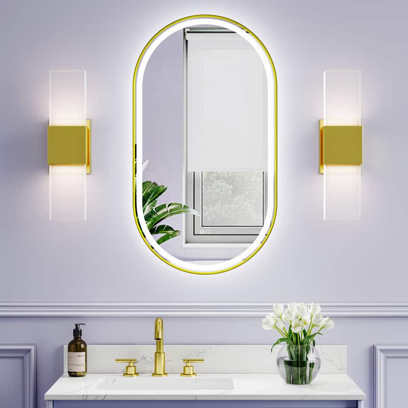 WELLFOR - 20" x 36" Oval Framed LED Bathroom Vanity Mirror with Anti-Fog, Wall-Mounted Bathroom Mirror with Front and Backlit LED - Brushed Gold