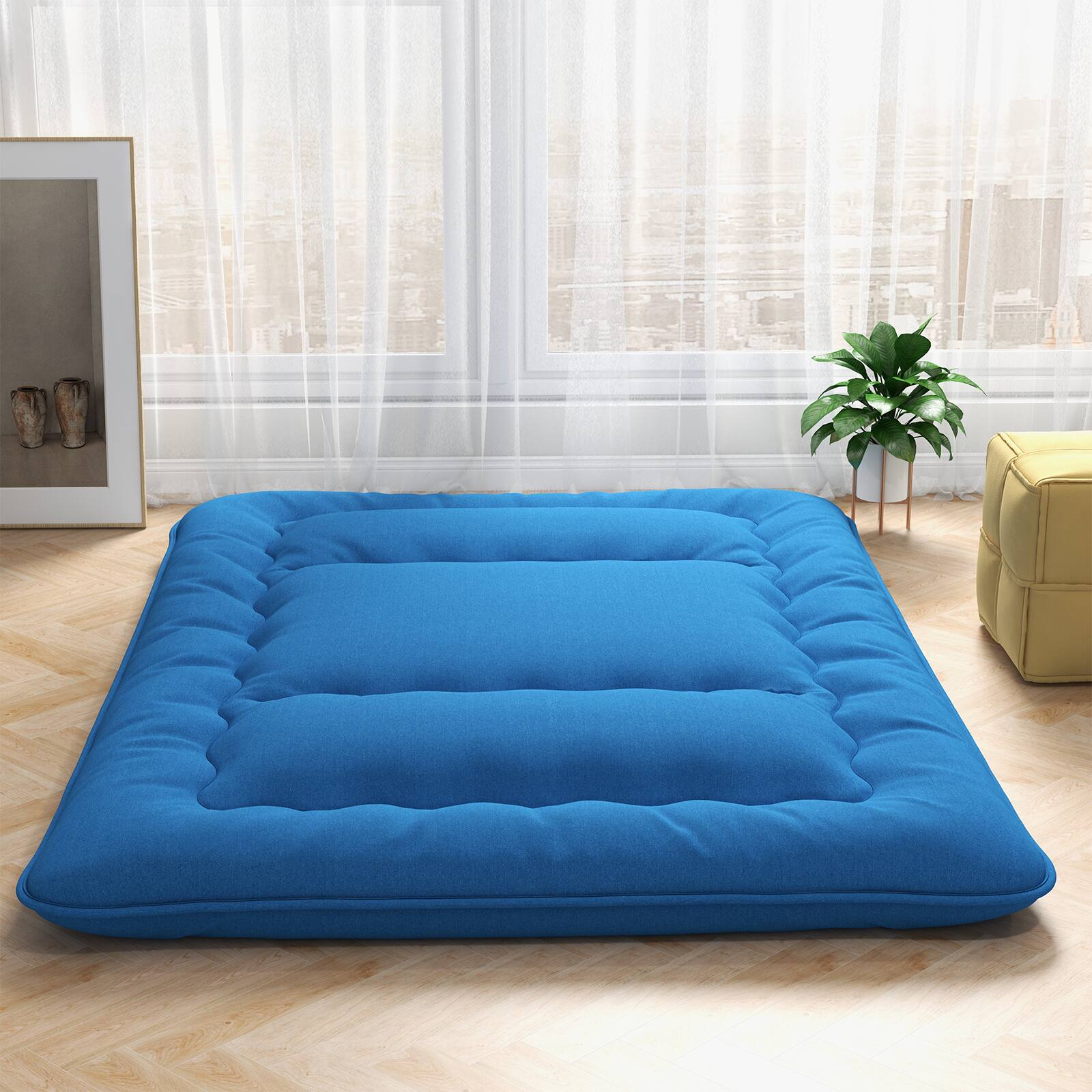 Alt View 1. Costway - Costway Queen Futon Mattress Japanese Floor Sleeping Pad Washable Cover Carry Bag Blue - Blue.