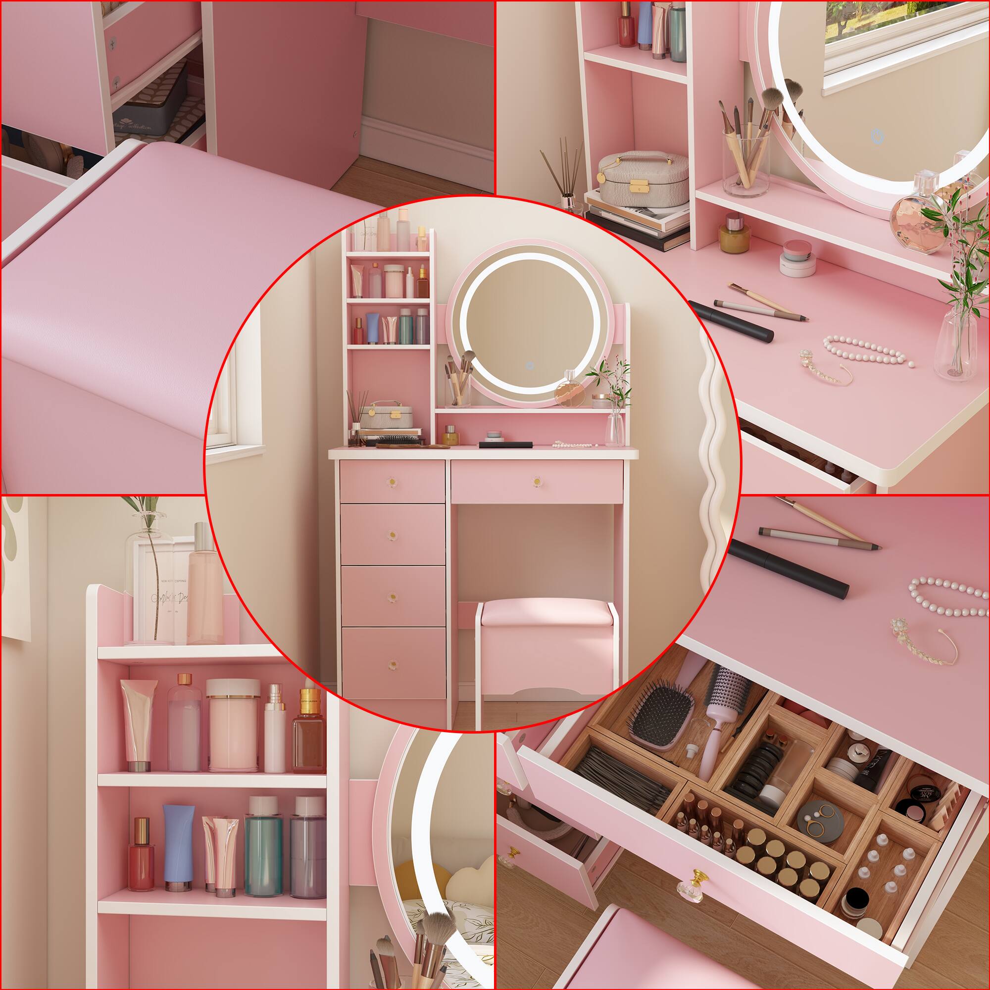 Alt View 6. Famapy - Multi-Color LED Vanity Table Set Ultimate Makeup Dresser Station with Smart Storage - Pink.