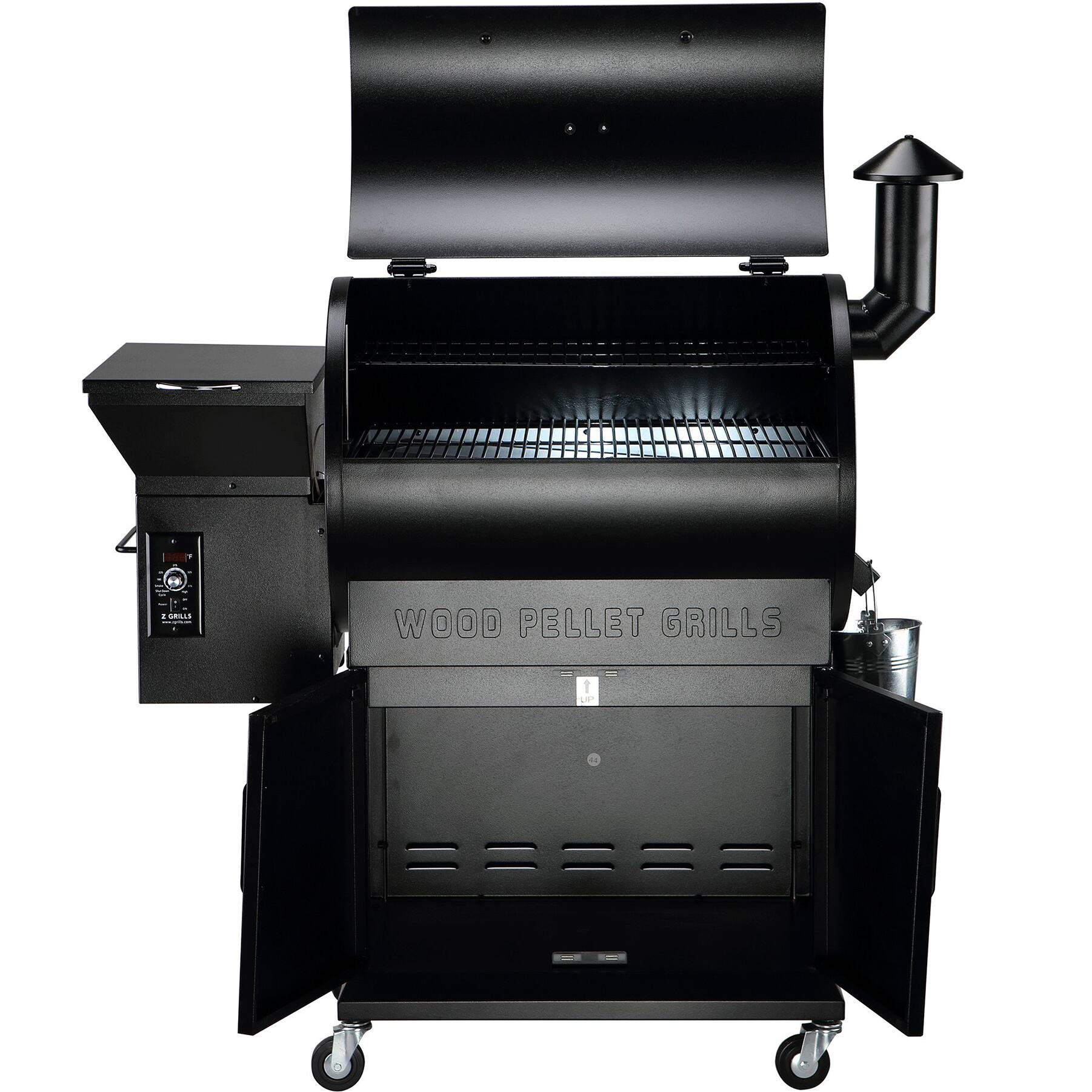 Left. Z GRILLS - Wood Pellet Grill and Smoker with Cabinet Storage 697 sq. in. - Black.