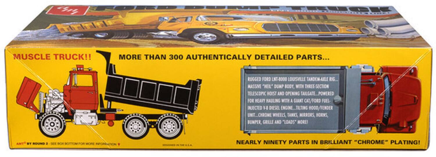 MUSCLE TRUCK!!  
MORE THAN 300 AUTHENTICALLY DETAILED PARTS...  
RUGGED FORD LNT-8000 LOUISVILLE TANDEM-AXLE RIG...  
MASSIVE "HELL" DUMP BODY, WITH THREE-SECTION TELESCOPIC HOIST AND OPENING TAILGATE POWERED FOR HEAVY HAULING WITH A GIANT CAT/FORD FUEL-INJECTED 8 DIESEL ENGINE...  
TILTING HOOD/FENDER, CHROME WHEELS, TANKS, MIRRORS, HORNS, BUMPER, GRILLE AND "LDADS" MORE!  
NEARLY NINETY PARTS IN BRILLIANT "CHROME" PLATING!
