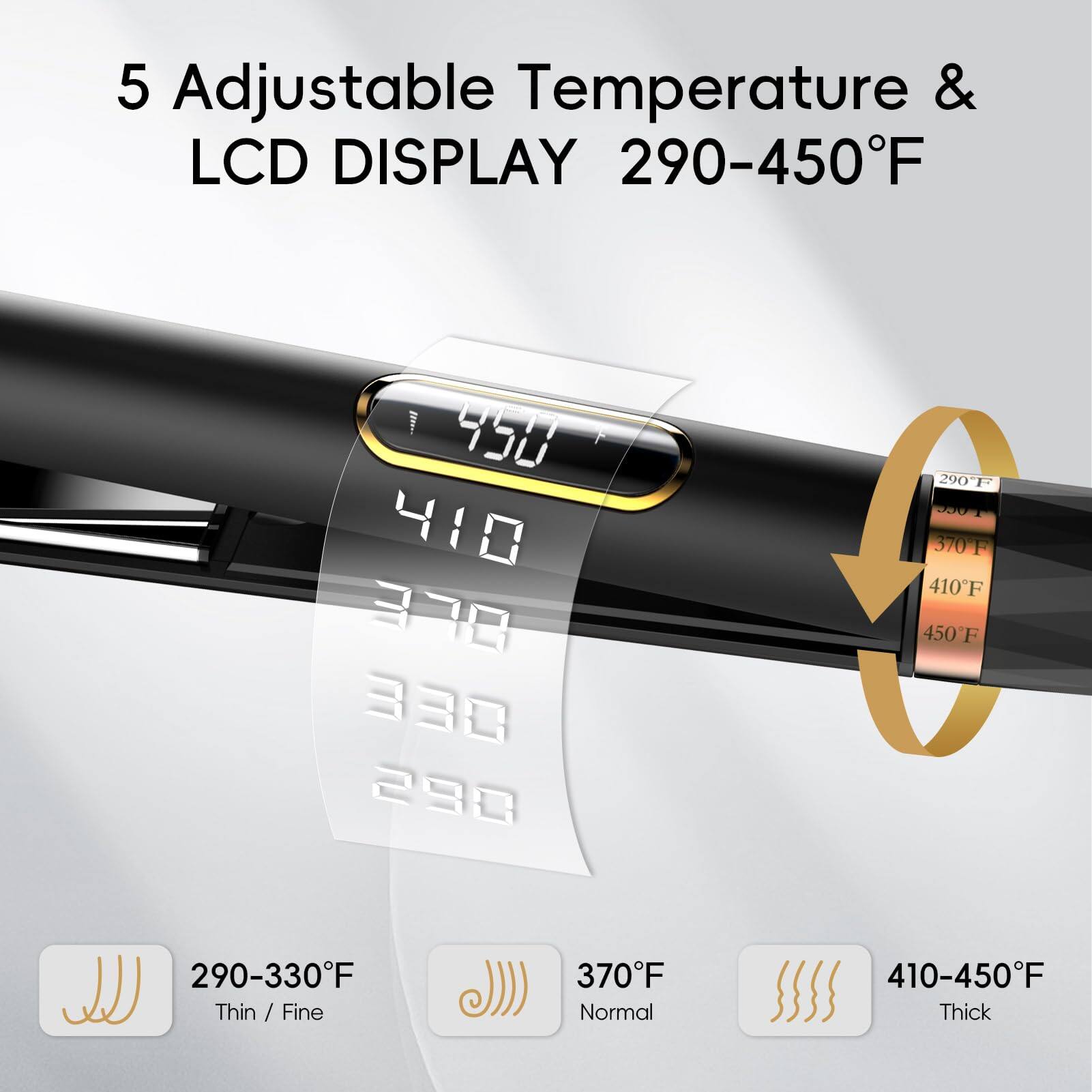 5 Adjustable Temperature & LCD DISPLAY 290-450°F

290-330°F Thin / Fine  
370°F Normal  
410-450°F Thick