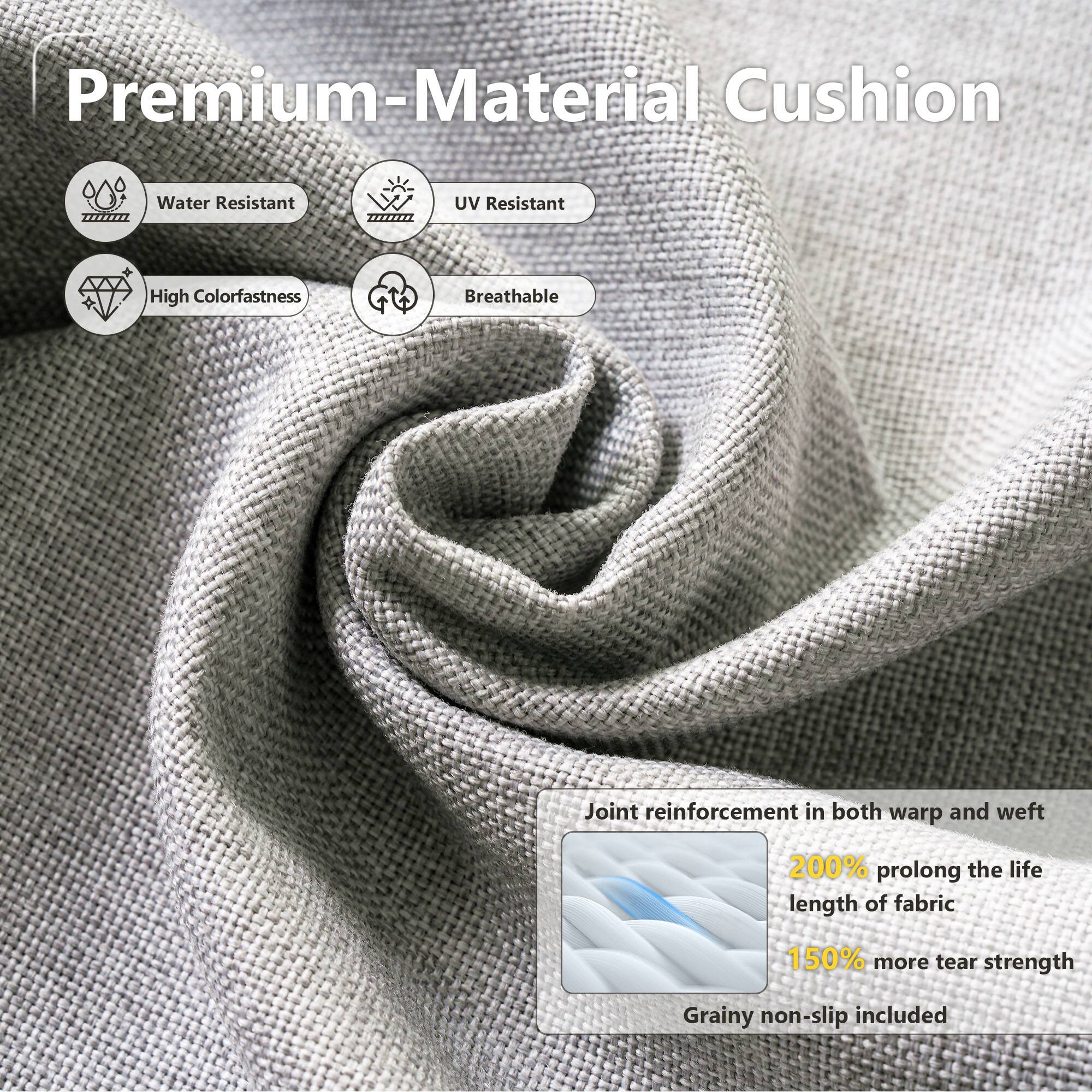 Premium-Material Cushion

- Water Resistant
- UV Resistant
- High Colorfastness
- Breathable

Joint reinforcement in both warp and weft

- 200% prolong the life length of fabric
- 150% more tear strength

Grainy non-slip included