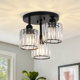 LUCKY ONE - 10.6in Semi Flush Mount Crystal Ceiling Light, 3-Light Modern Fixture for Kitchen Hallway Bedroom - Black