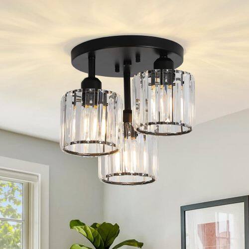 Front. LUCKY ONE - 10.6in Semi Flush Mount Crystal Ceiling Light, 3-Light Modern Black Fixture for Kitchen Hallway Bedroom - Black.