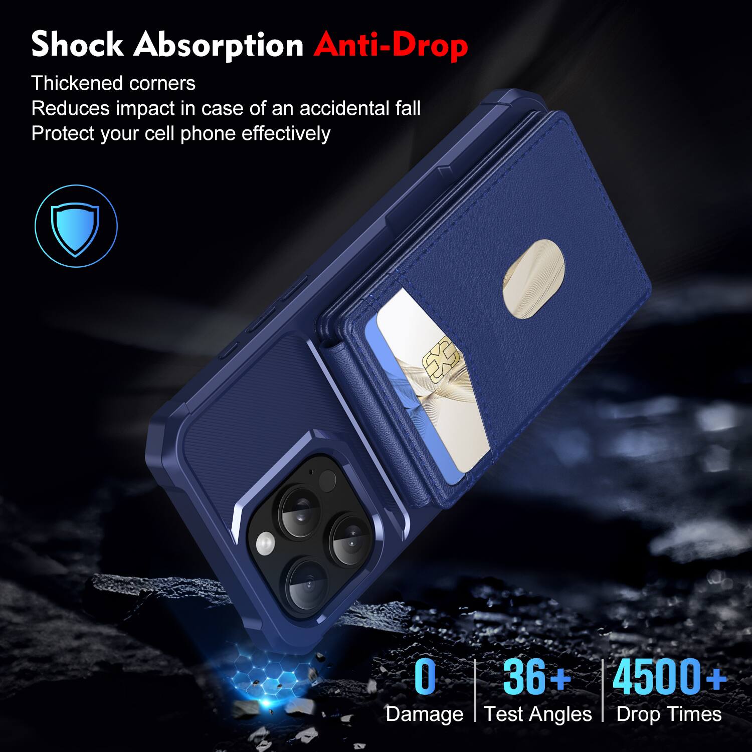 Shock Absorption Anti-Drop  
Thickened corners  
Reduces impact in case of an accidental fall  
Protect your cell phone effectively  

0 Damage  
36+ Test Angles  
4500+ Drop Times