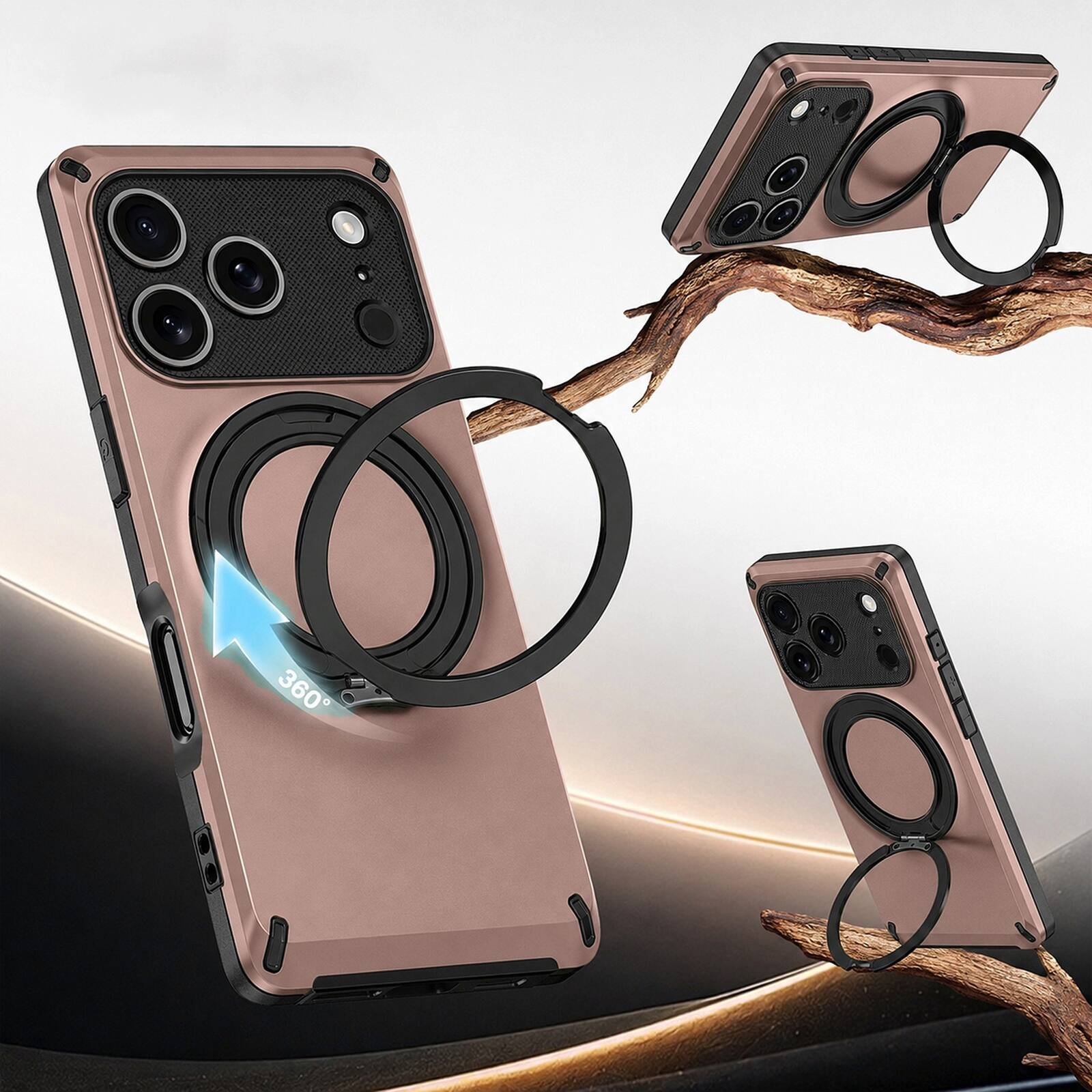 Back. UUCOVER - Magnetic Case for iPhone 17 Pro Max 360° Rotating Ring Stand Compatible with MagSafe Shockproof PC+TPU Protective Cover - Rosegold.