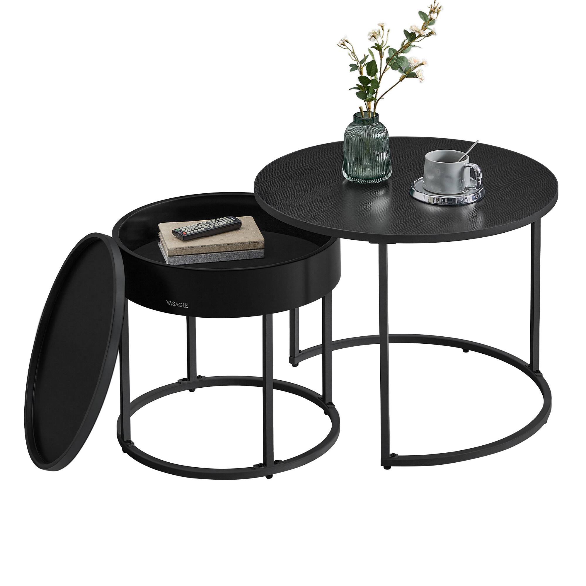 Front. Songmics Home - Round Coffee Tables, Set of 2 Nesting Tables, Modern Round Side Tables with Hidden Storage and Top Tray, for Living Room - Ebony Black and Ink Black.