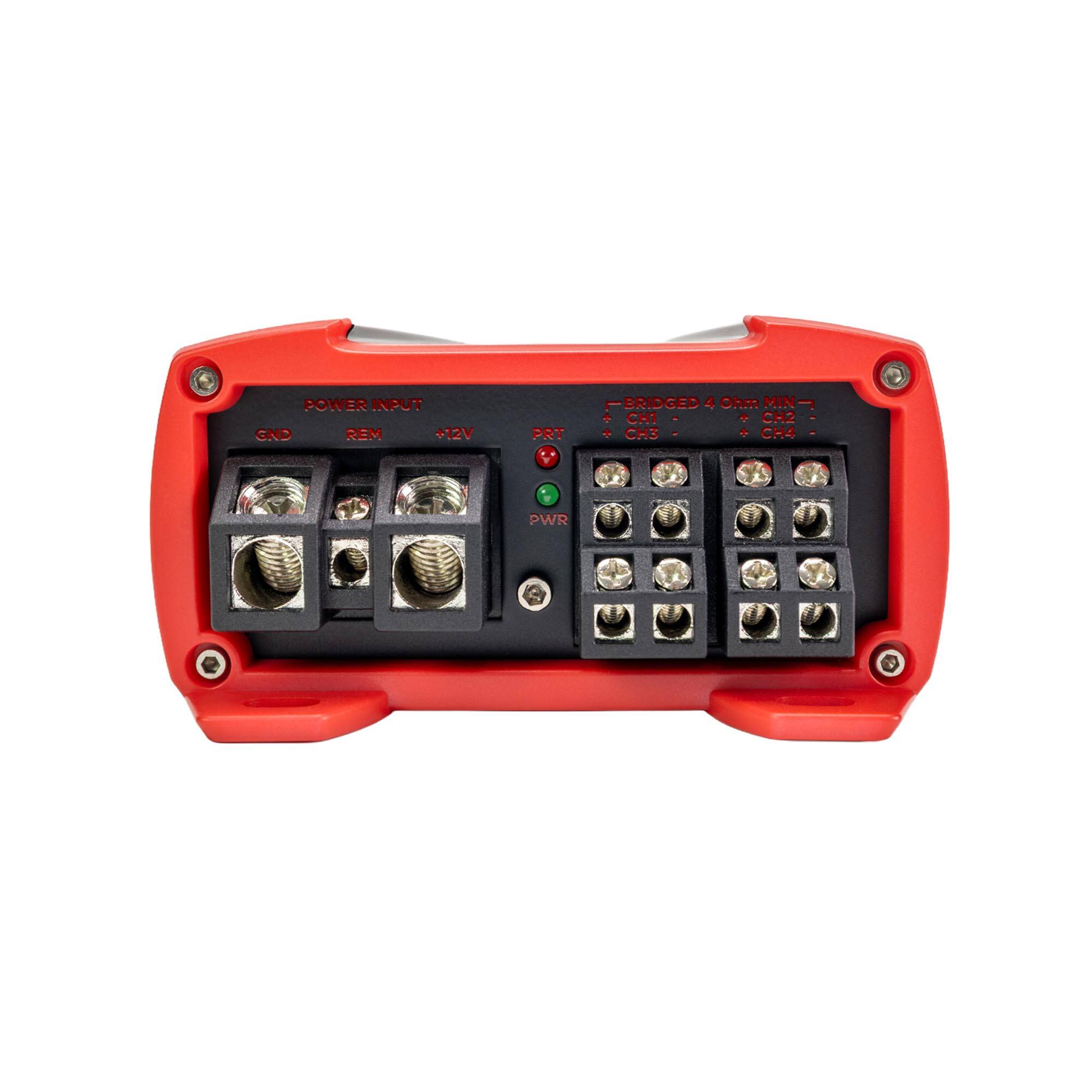 POWER INPUT  
GND REM +12V PWR  
BRIDGED 4 Ohm MIN  
CH1 + CH2  
CH3 - CH4