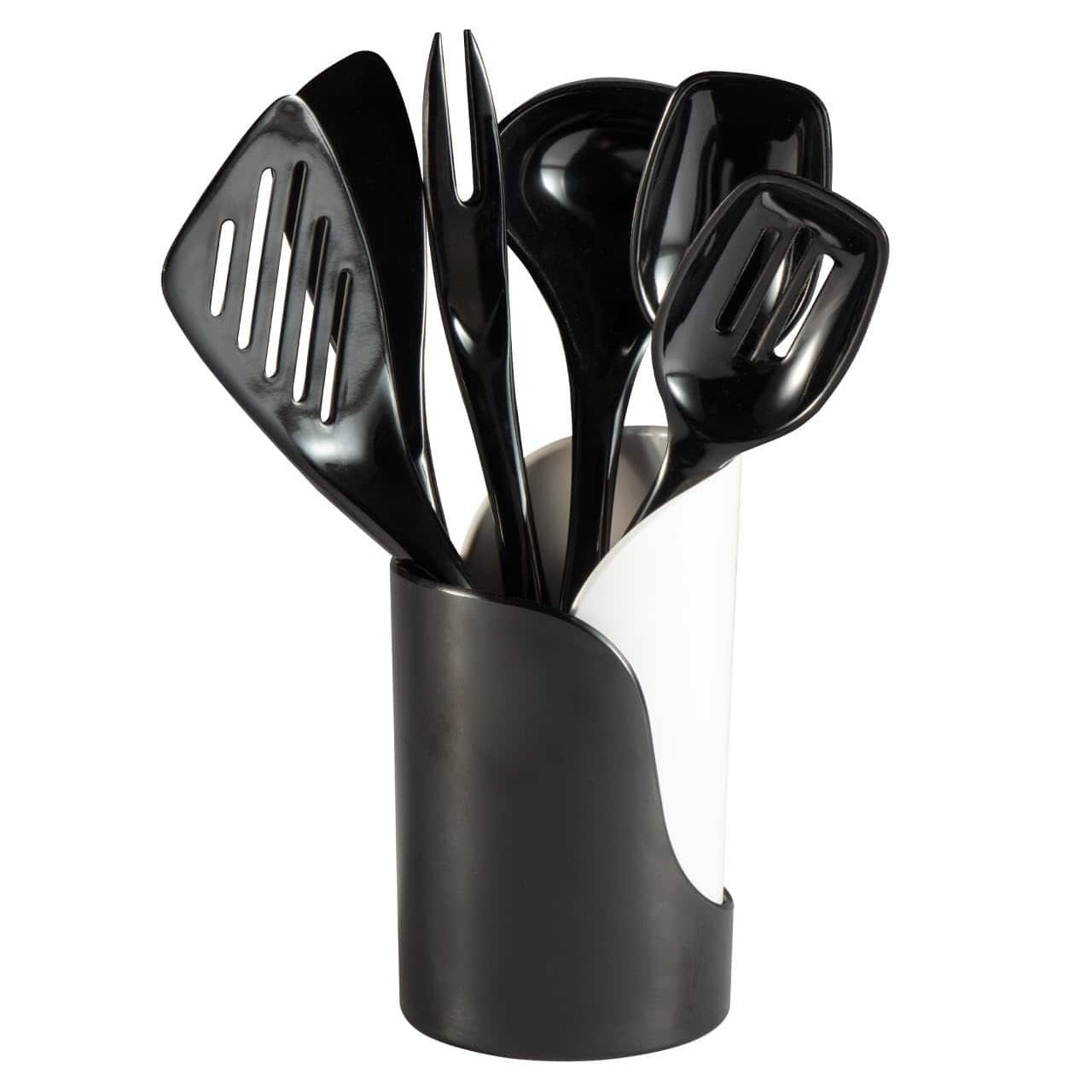 Hutzler - 7-Piece Mini Melamine Cooking Utensils and Storage Crock Set - Black