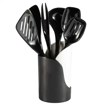 Front. Hutzler - 7-Piece Mini Melamine Cooking Utensils and Storage Crock Set (Black) - Black.
