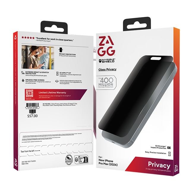 ZAGG - Invisible Shield Glass Privacy Antimicrobial Screen Protector - iPhone 16 Pro Max - Clear