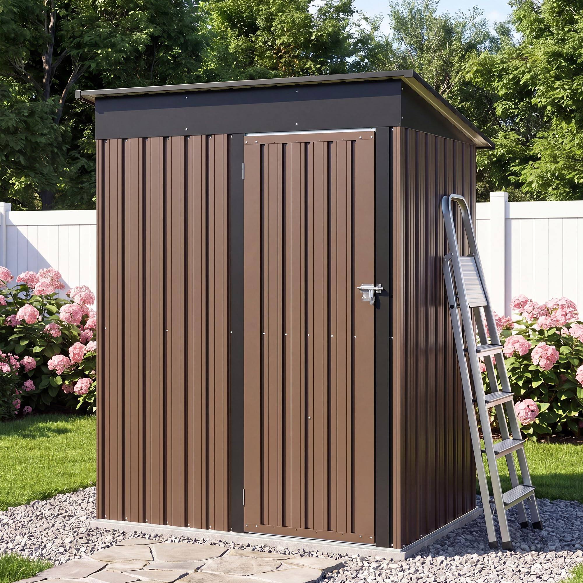Angle. LAUSAINT HOME - 5x3 FT Galvanized Steel Storage Shed Lockable Tool Shed with Air Vent and Sloped Roof for Backyard Patio Garden - Brown.
