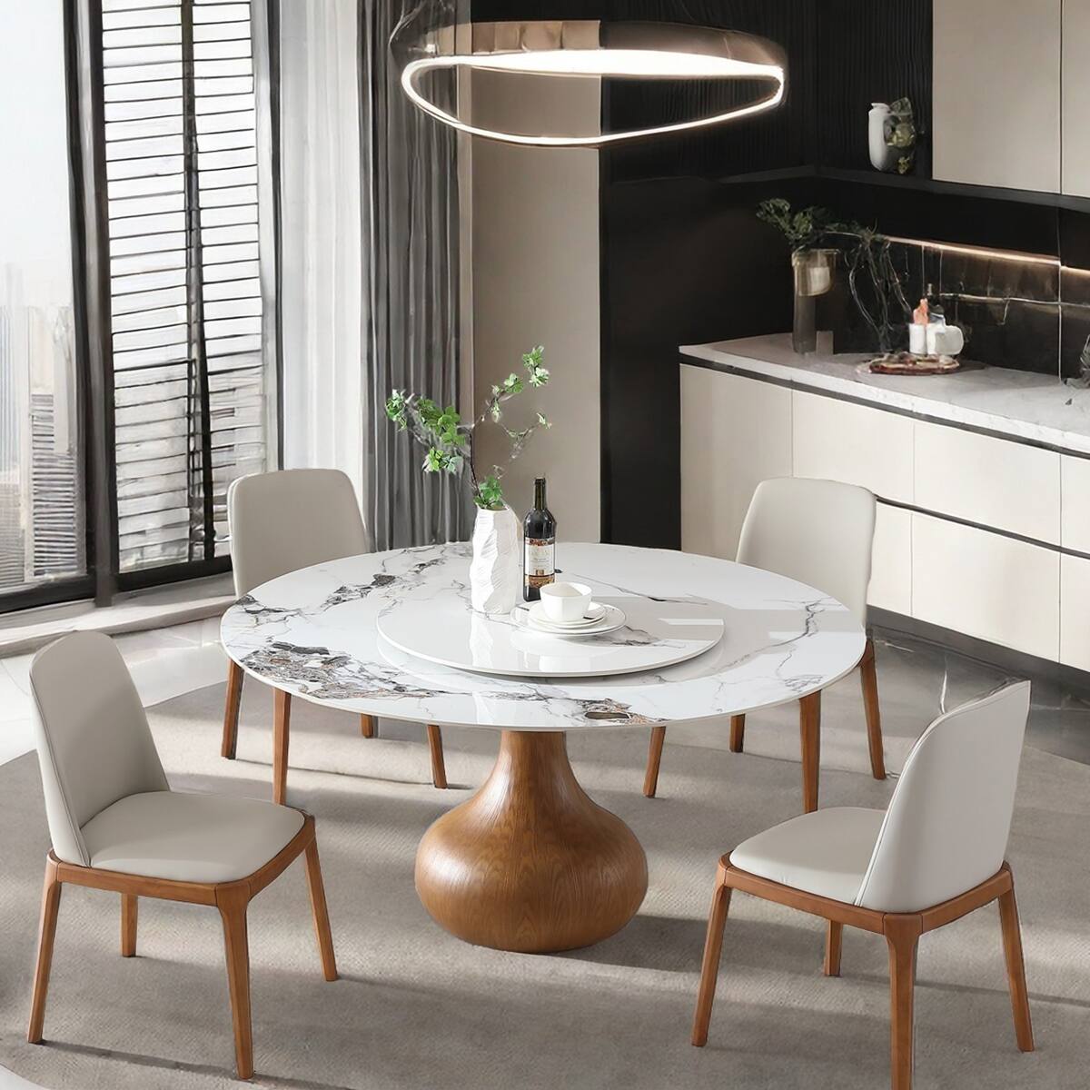 Alt View 2. Loheer - Loheer Modern Marble Dining Table, 59-Inch Round Sintered Stone Table With Lazy Susan - Walnut and White.