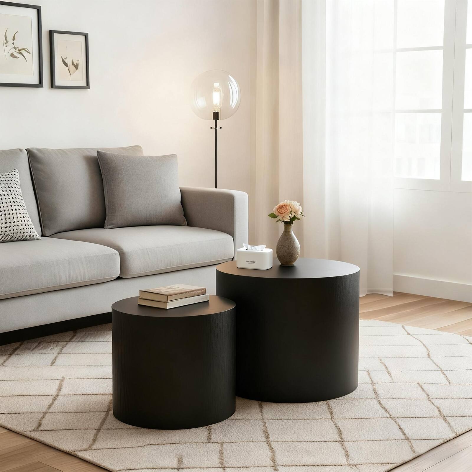 Front. Loheer - Loheer Nesting Coffee Table Set of 2 Modern Round Wood Side Table No Assembly Matte Black - Black.