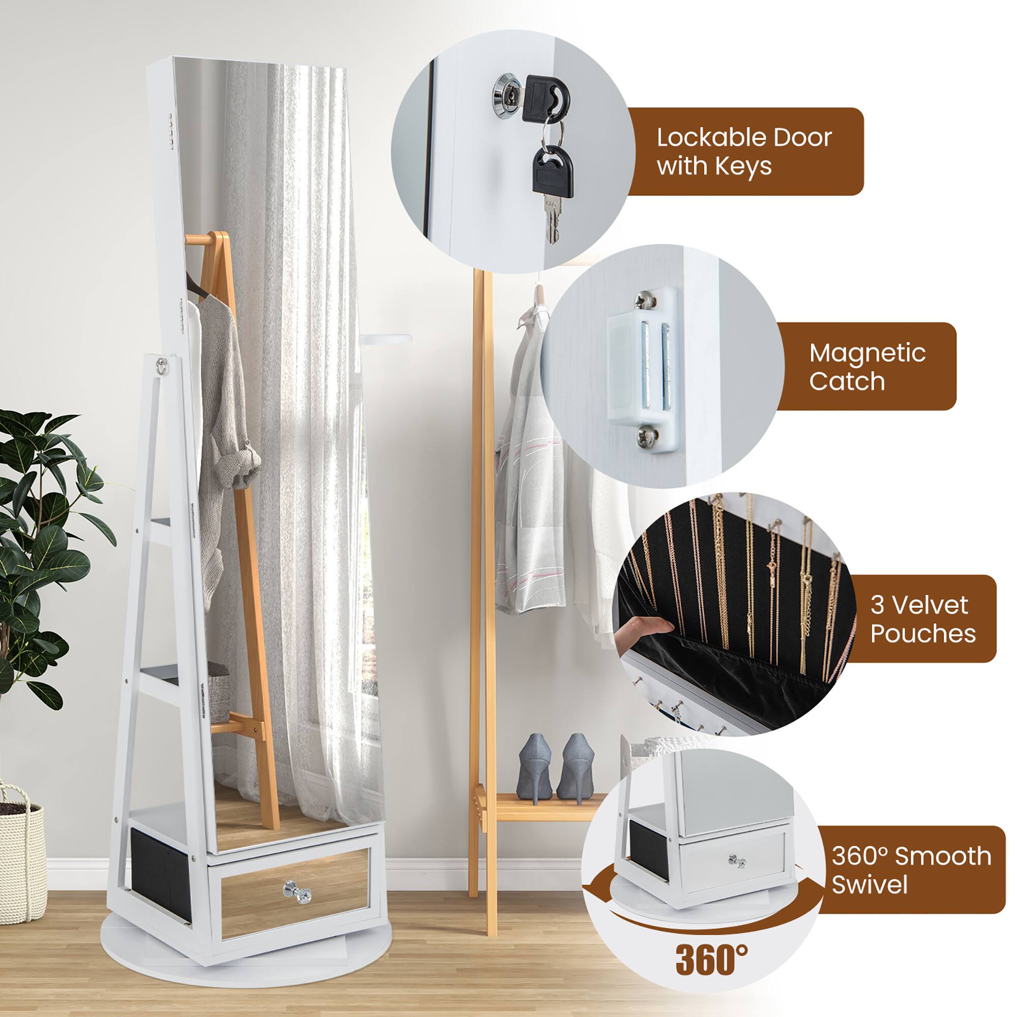 - Lockable Door with Keys
- Magnetic Catch
- 3 Velvet Pouches
- 360° Smooth Swivel