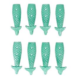 Chesapeake Bay - Set of 8 Cast Iron Mermaid Tail Wall Hooks Nautical Coastal Decor - Green