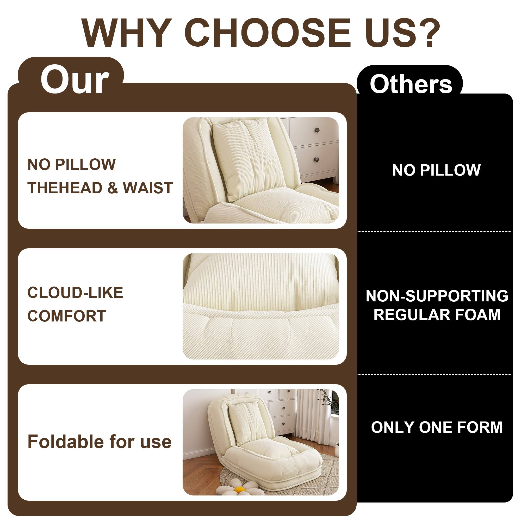 **WHY CHOOSE US?**

**Our**

- NO PILLOW
  - THE HEAD & WAIST

- CLOUD-LIKE COMFORT

- Foldable for use

**Others**

- NO PILLOW

- NON-SUPPORTING REGULAR FOAM

- ONLY ONE FORM