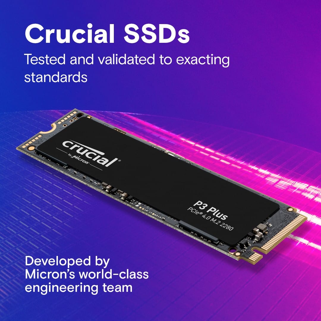 Crucial SSDs are tested and validated to exacting standards. They are developed by Micron's world-class engineering team. The image features a Crucial SSD, which is a Micron PCle 3.4.0 0 Plus M.2 2280.