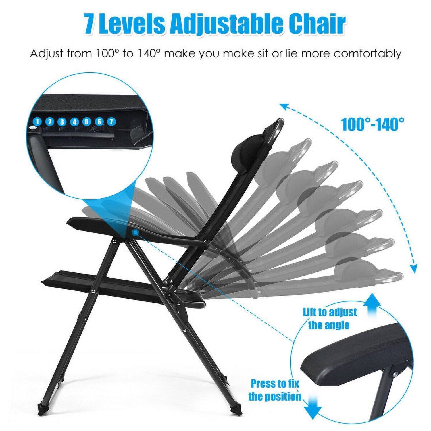 7 Levels Adjustable Chair  
Adjust from 100° to 140° make you sit or lie more comfortably  

1 2 3 4 5 6 7  
100-140  

Lift to adjust the angle  
Press to fix the position
